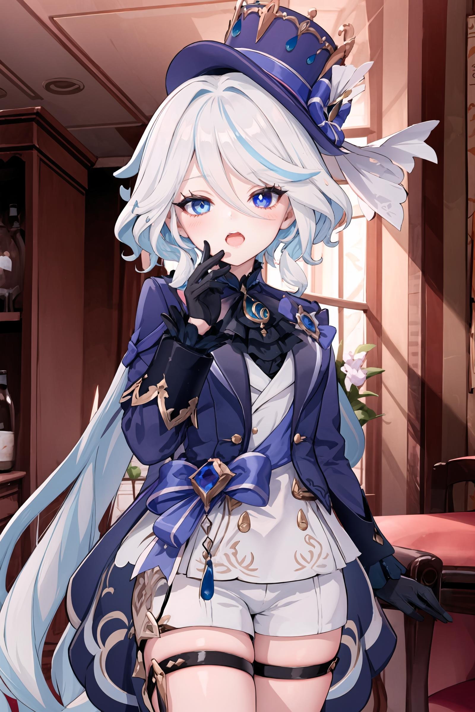 1girl, furina \(genshin impact\), heterochromia, mismatched gloves, top hat, blue jacket, ascot, waist bow, short shorts, thigh strap, waist cape, looking at viewer, smug, open mouth, naughty face, ojou-sama pose, cowboy shot, theater, indoors,  <lora:Smug:1>, masterpiece