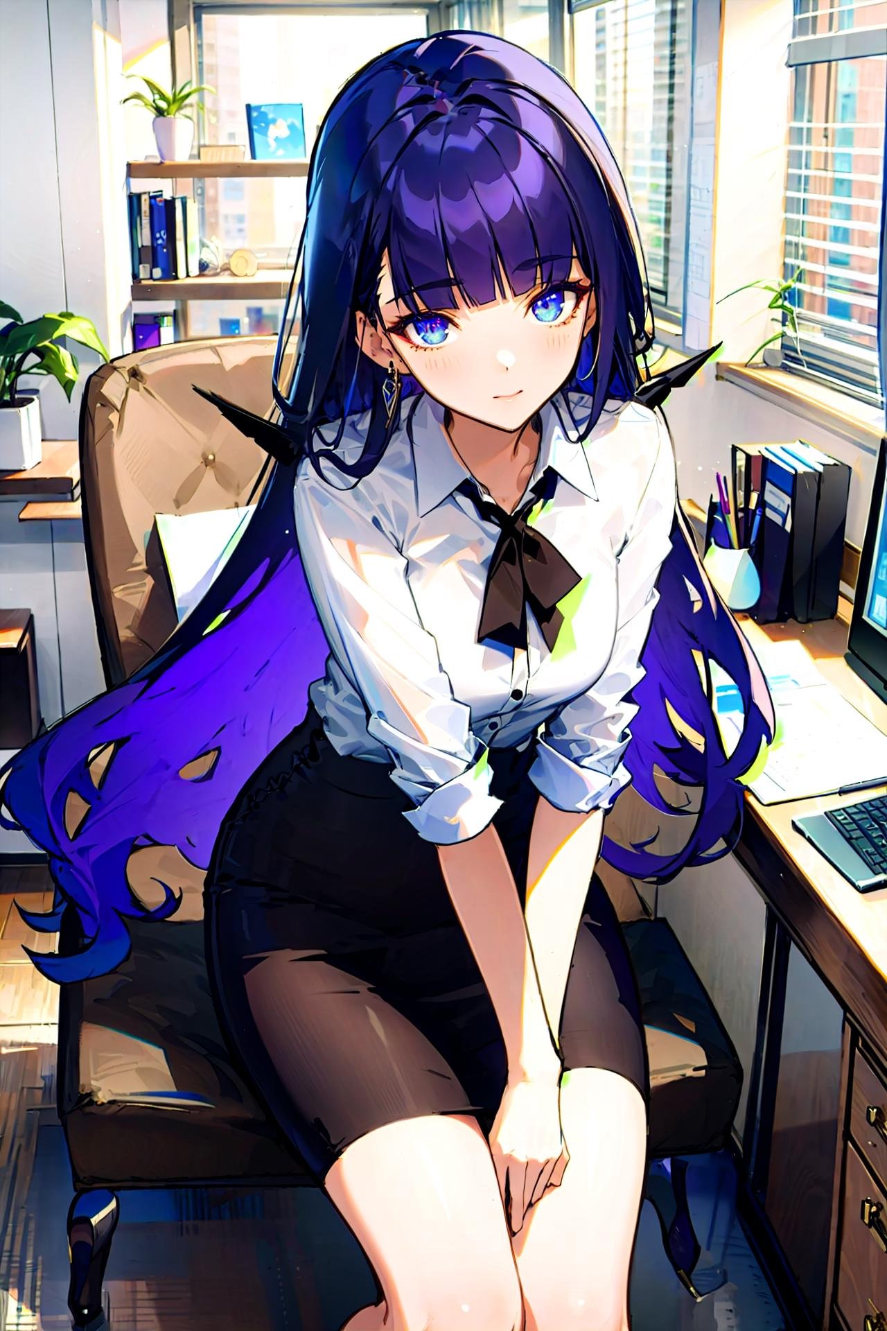 (masterpiece, best quality, ultra-detailed, beautiful detailed eyes:1.2), nice hand, perfect hands, <lyco:GoodHands-beta2:1.0>, 1girl, raiden mei, office lady, white collared shirt, pencil skirt, high heels, sitting on desk, office, indoors