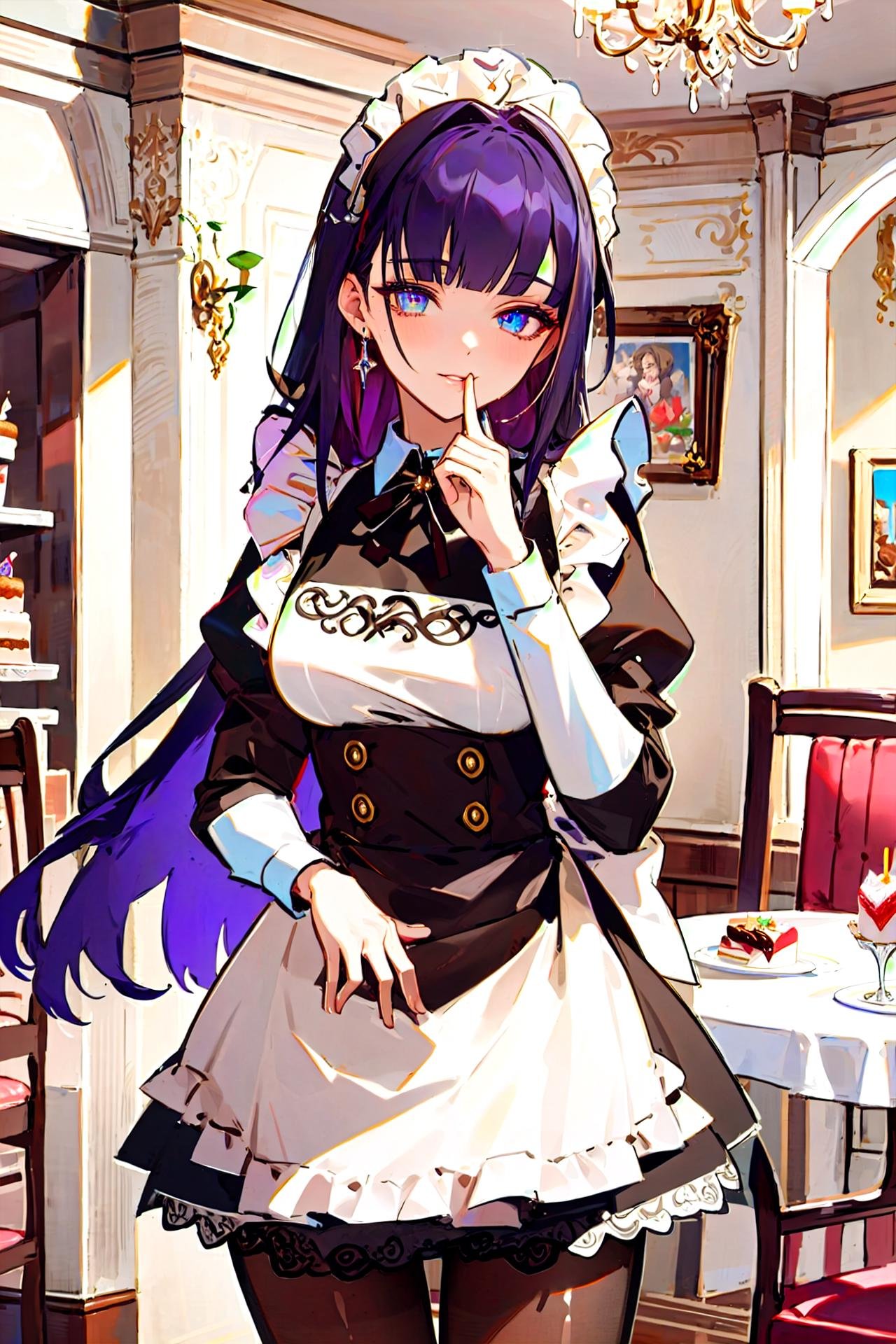 (masterpiece, best quality, ultra-detailed, beautiful detailed eyes:1.2), nice hand, perfect hands, <lyco:GoodHands-beta2:1.0>, 1girl, raiden mei, maid, maid headdress, maid apron, pantyhose, cowboy shot, restaurant, holding cake, indoors,  <lora:maid_cosplay:0.5>