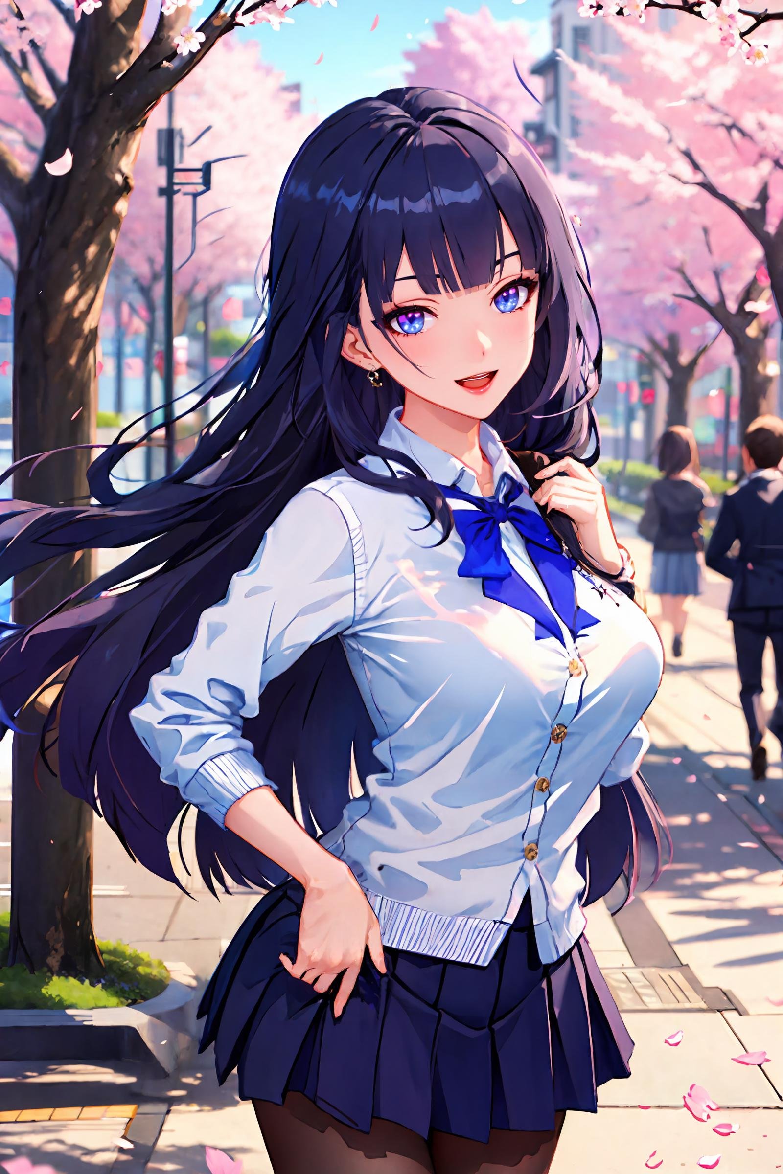 1girl, raiden mei, solo, school uniform, white shirt, sweater, pleated skirt, pantyhose, light smile, double v, looking at viewer, smile, open mouth, outdoors, street, cherry blossoms, petals, depth of field, masterpiece