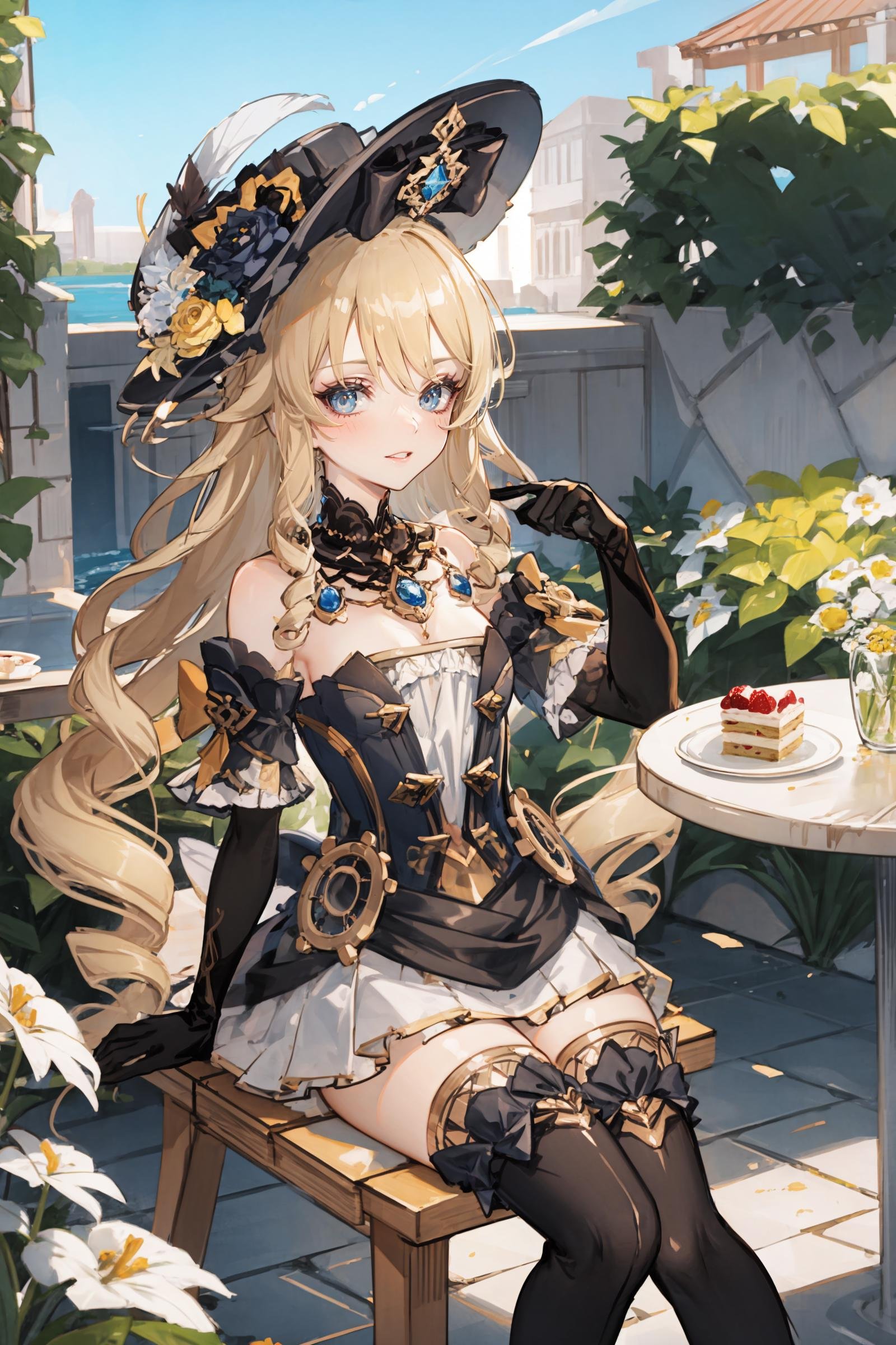 1girl, navia \(genshin impact\), hat, thigh boots, detached sleeves, single glove, strapless dress, detached collar, waist cape, necklace, jewelry, looking at viewer, smile, cowboy shot, sitting,  garden, outdoors, depth of field, table, chair, macaron, cake