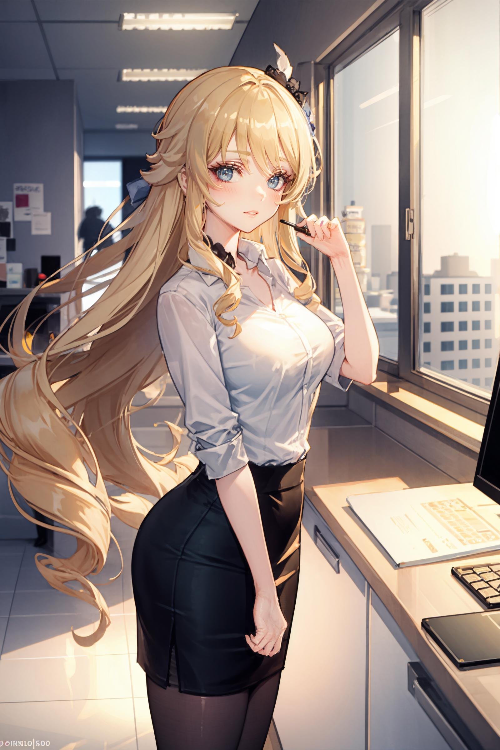 1girl, navia \(genshin impact\), office lady, collared shirt, pencil skirt, pantyhose, looking at viewer, parted lips, cowboy shot, office, indoors, depth of field