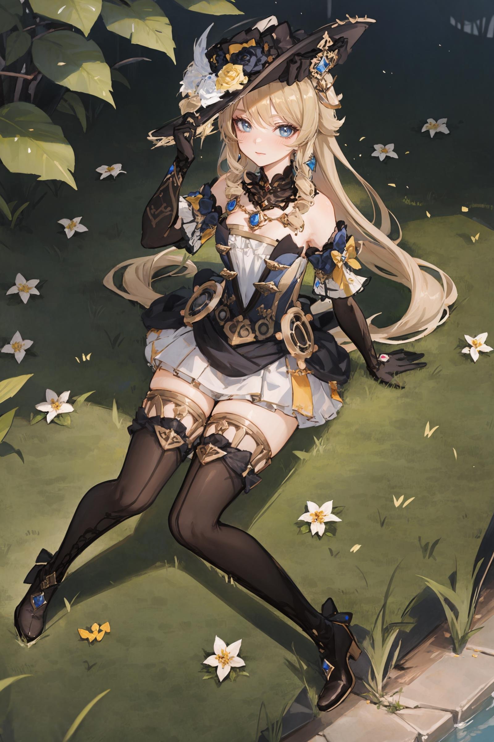 1girl, navia \(genshin impact\), hat, thigh boots, detached sleeves, single glove, strapless dress, detached collar, waist cape, necklace, jewelry, looking at viewer, smile, reclining, yokozuwari, from above, on grass, blossom, flower