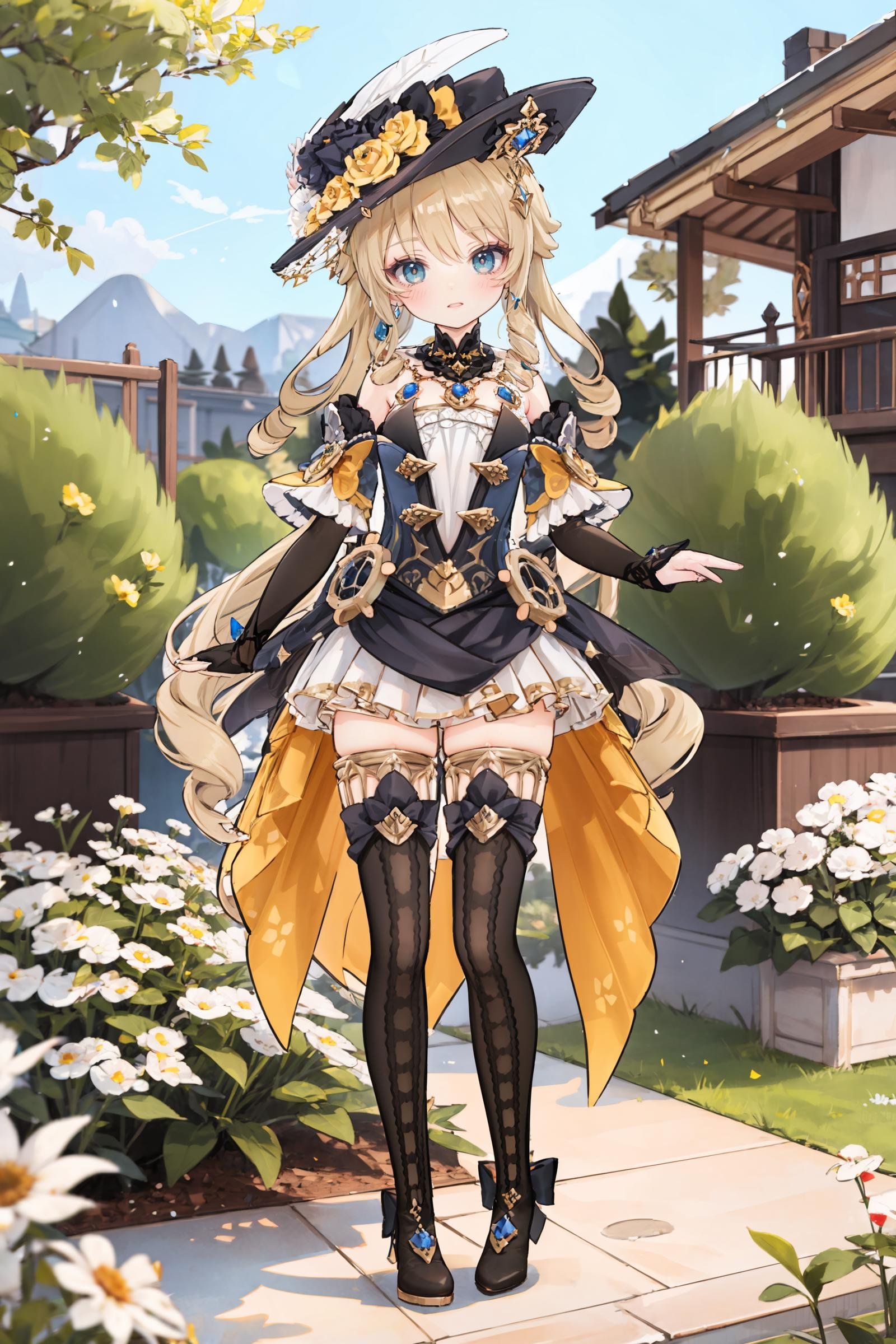 1girl, navia \(genshin impact\), hat, thigh boots, detached sleeves, single glove, strapless dress, detached collar, waist cape, necklace, jewelry, full body, standing, looking at viewer, smiling, garden, outdoors, depth of field, table, macaron, cake