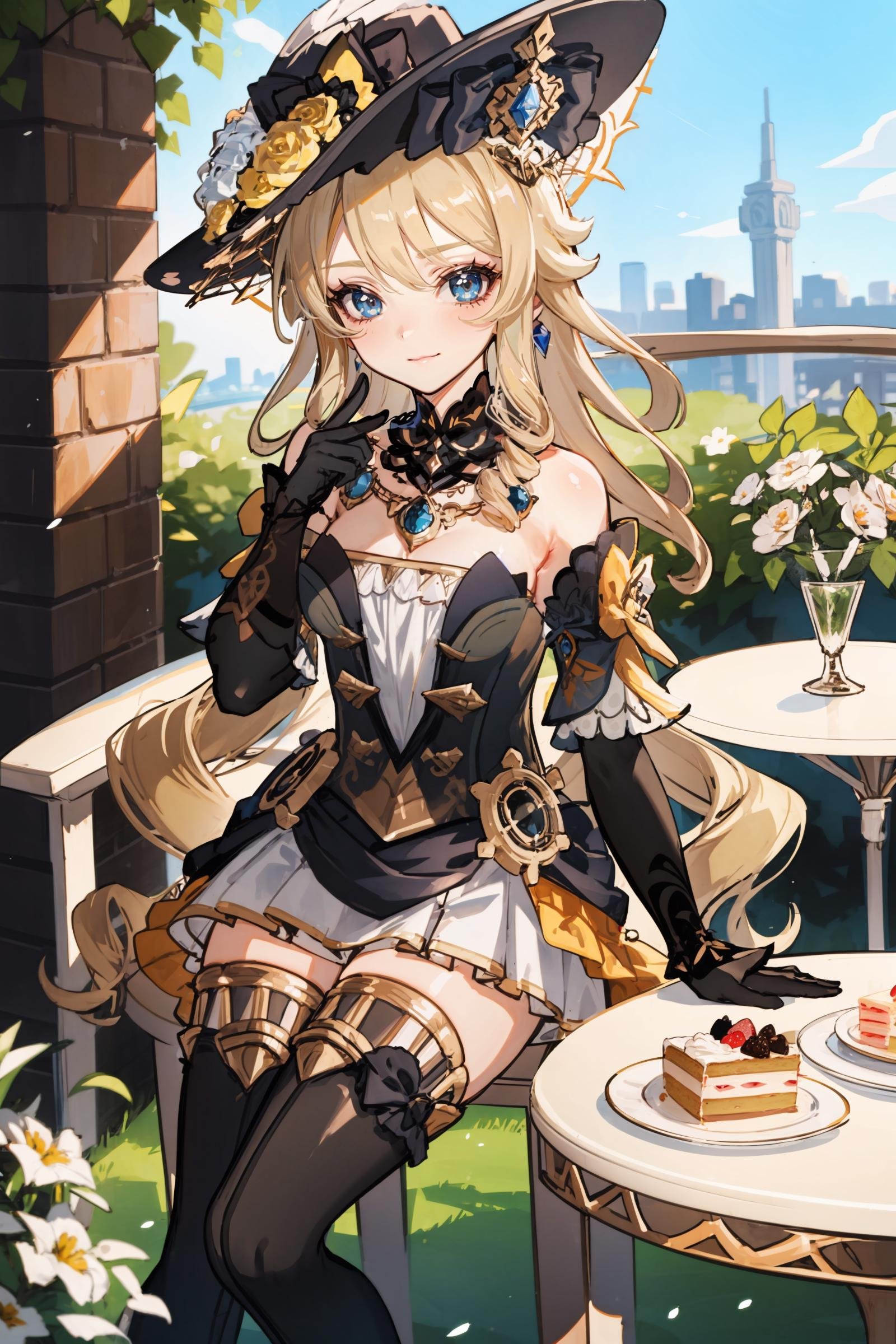 1girl, navia \(genshin impact\), hat, thigh boots, detached sleeves, single glove, strapless dress, detached collar, waist cape, necklace, jewelry, looking at viewer, smile, cowboy shot, sitting,  garden, outdoors, depth of field, table, chair, macaron, cake