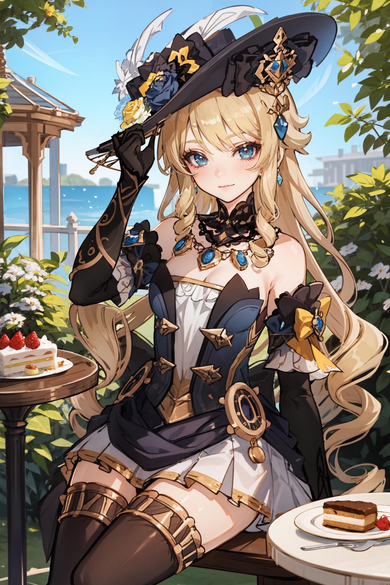1girl, navia \(genshin impact\), hat, thigh boots, detached sleeves, single glove, strapless dress, detached collar, waist cape, necklace, jewelry, looking at viewer, smile, cowboy shot, sitting,  garden, outdoors, depth of field, table, chair, macaron, cake