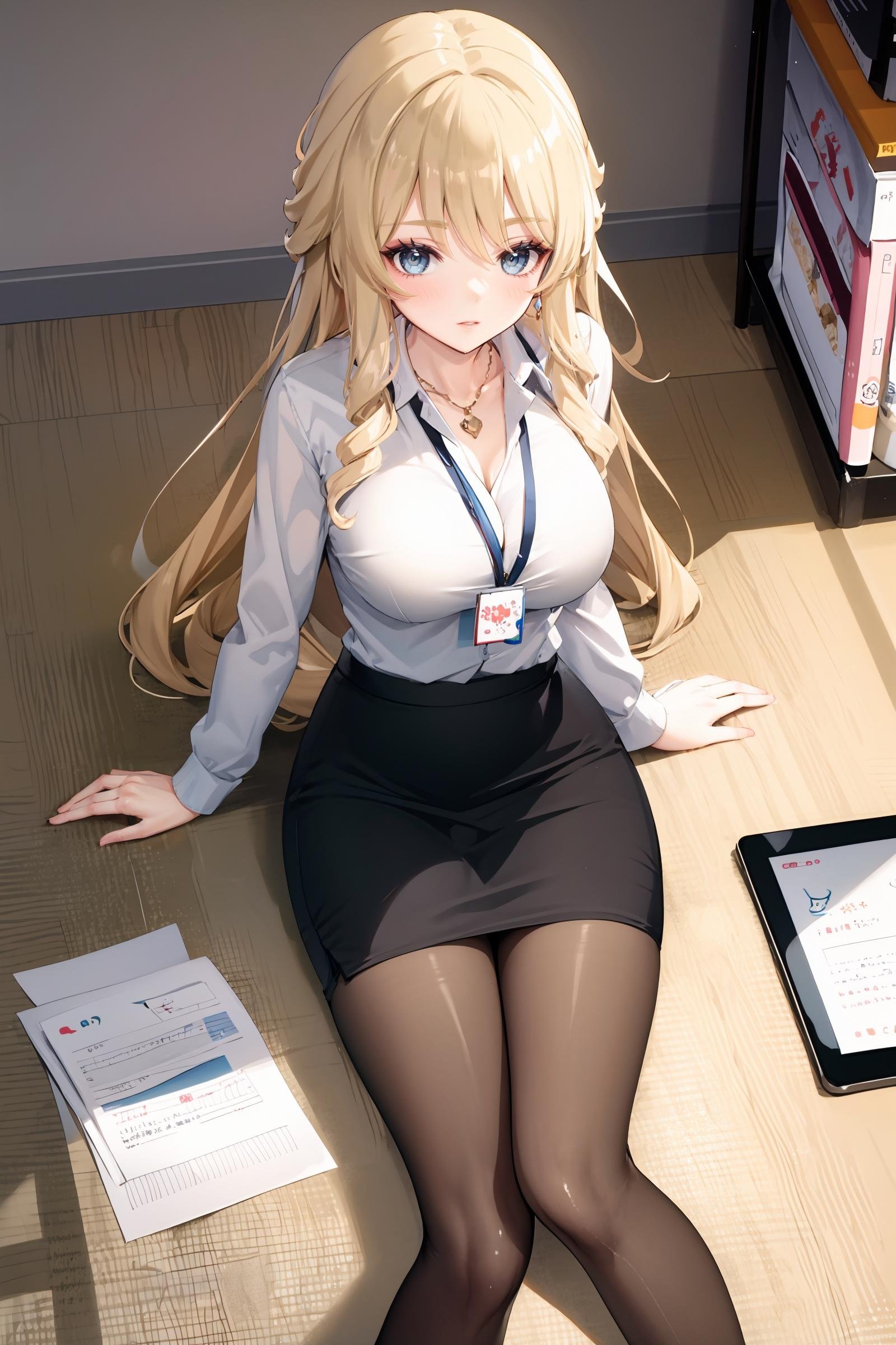 1girl, navia \(genshin impact\), office lady, collared shirt, pencil skirt, pantyhose, high heels, looking at viewer, reclining, yokozuwari, floor, paper, from above, masterpiece