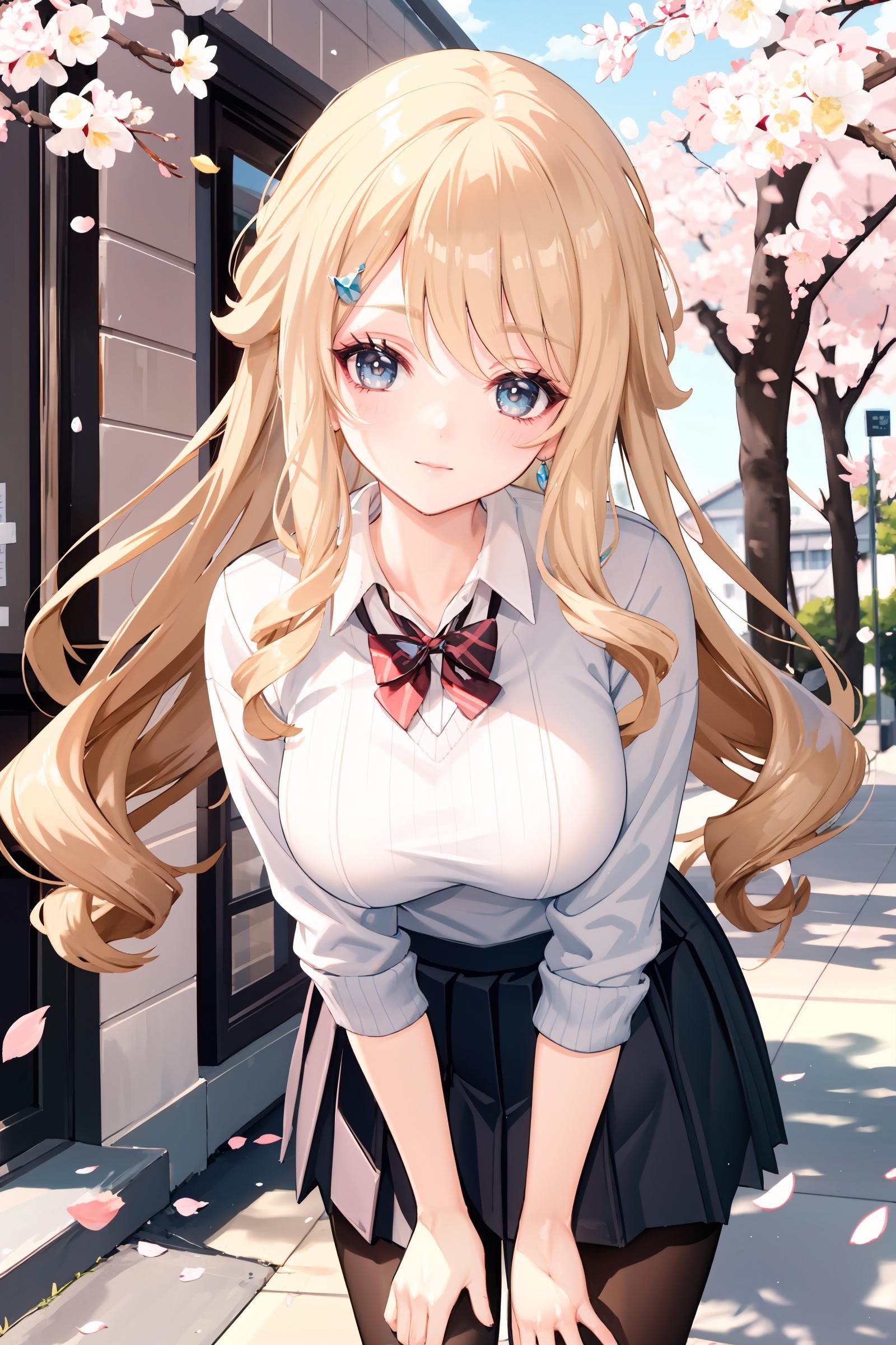1girl, navia \(genshin impact\), solo, school uniform, white shirt, sweater, pleated skirt, pantyhose, light smile, looking at viewer, outdoors, street, cherry blossoms, petals, depth of field, masterpiece