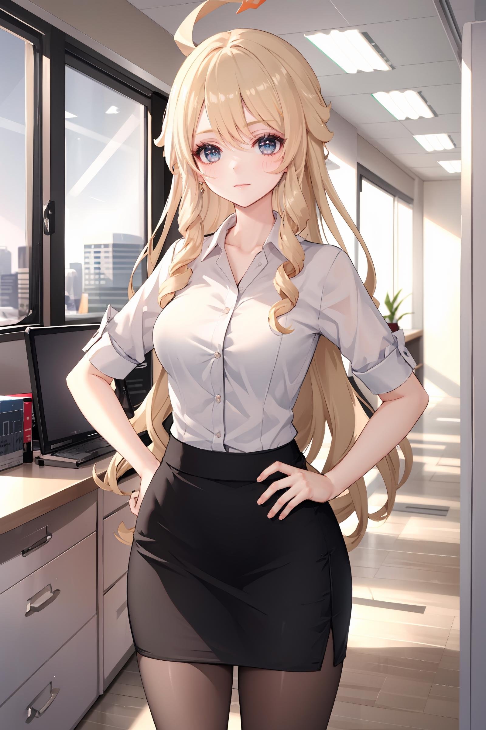 1girl, navia \(genshin impact\), solo, office lady, white collared shirt, pencil skirt, pantyhose, glasses, glaring, looking at viewer, hand on hip, office, indoors, depth of field, masterpiece
