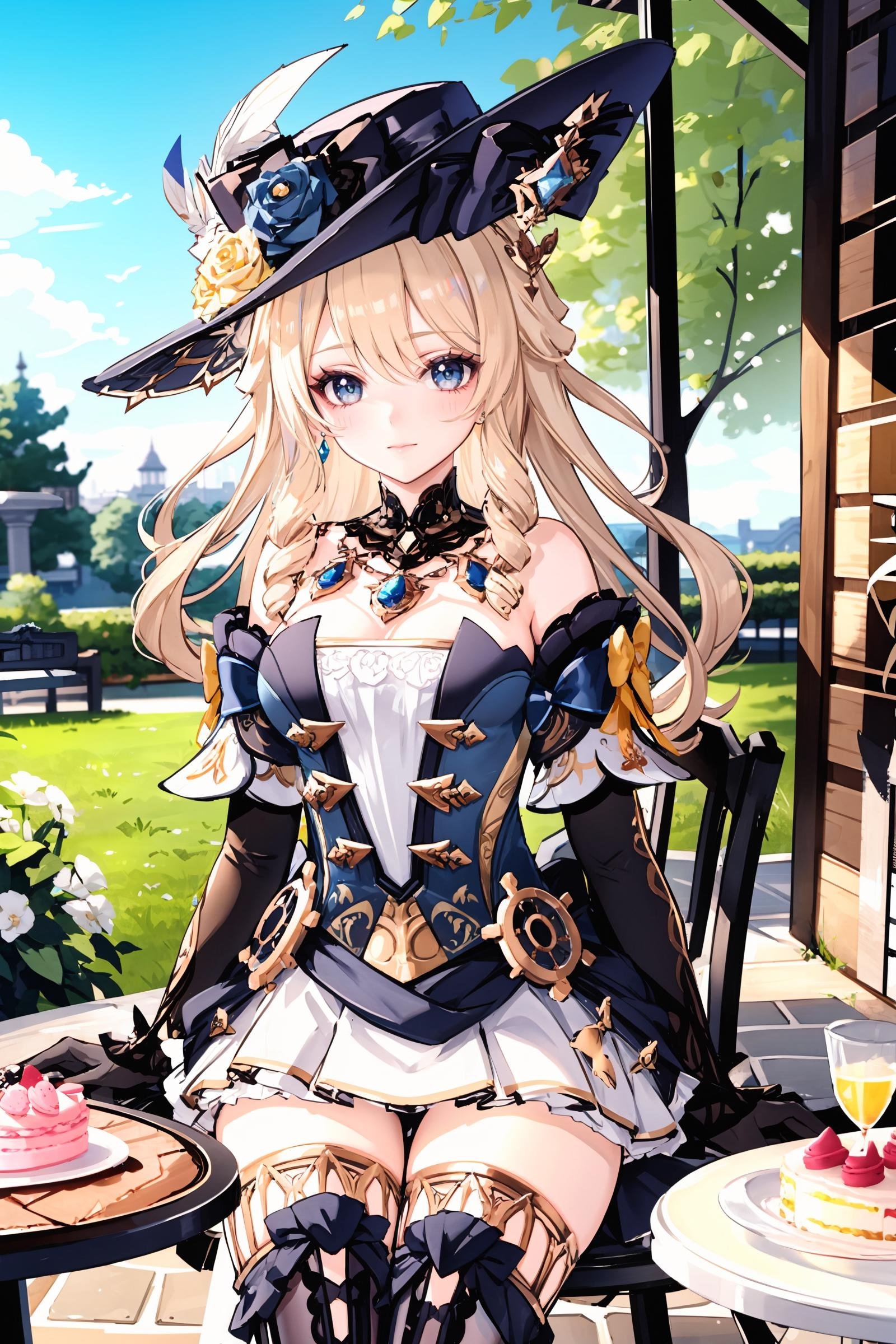 1girl, navia \(genshin impact\), solo, fancy hat, thigh boots, detached sleeves, single glove, strapless dress, detached collar, showgirl skirt, necklace, waist cape, smile, cowboy shot, sitting,  garden, outdoors, depth of field, table, chair, macaron, cake, masterpiece