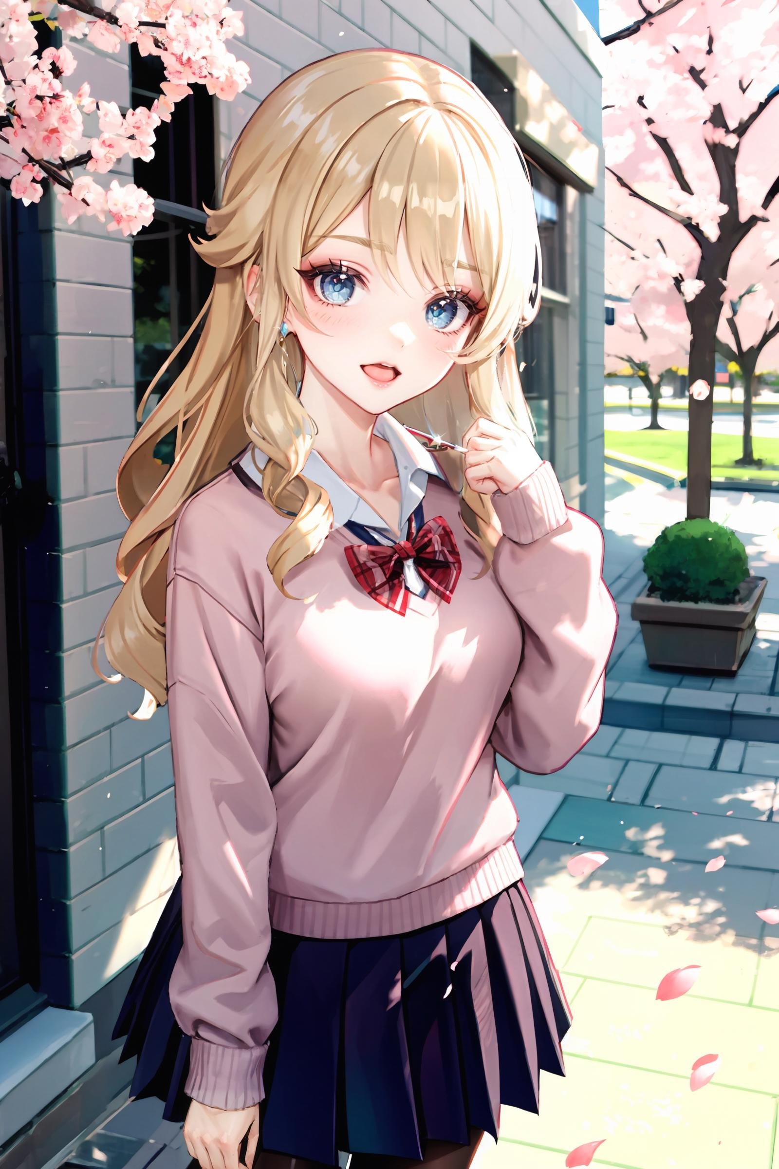 1girl, navia \(genshin impact\), solo, school uniform, white shirt, sweater, pleated skirt, pantyhose, light smile, double v, looking at viewer, smile, open mouth, outdoors, street, cherry blossoms, petals, depth of field, masterpiece