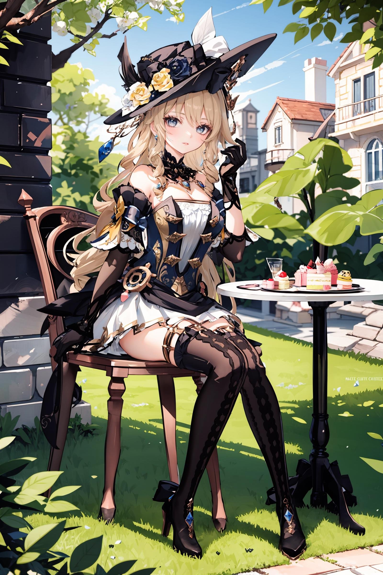 1girl, navia \(genshin impact\), solo, fancy hat, thigh boots, detached sleeves, single glove, strapless dress, detached collar, showgirl skirt, necklace, waist cape, looking at viewer, light smile, full body, sitting,  garden, outdoors, depth of field, table, chair, macaron, cake, masterpiece