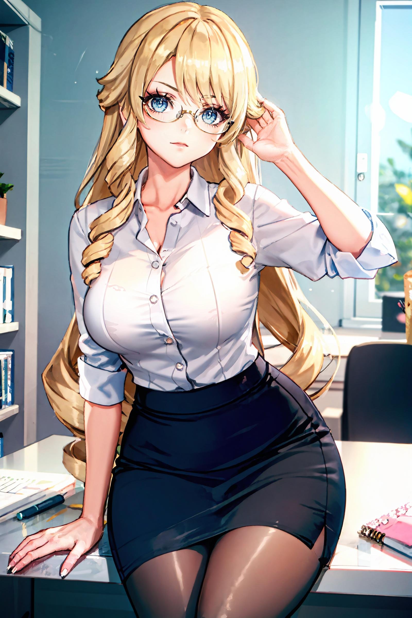 1girl, navia \(genshin impact\), solo, office lady, white collared shirt, pencil skirt, pantyhose, glasses, glaring, looking at viewer, hand on eyewear, office, indoors, depth of field, masterpiece