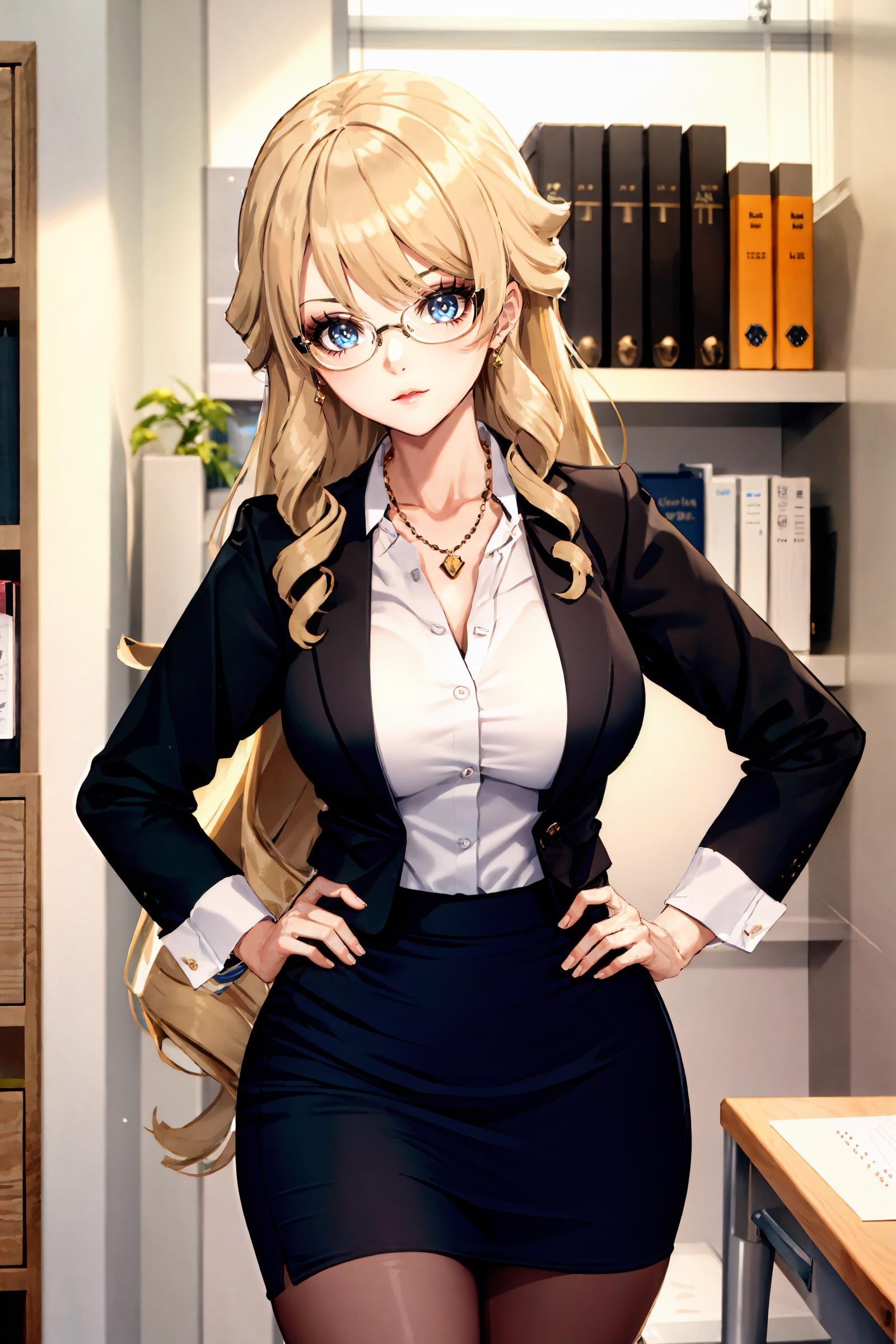 1girl, navia \(genshin impact\), solo, office lady, white collared shirt, pencil skirt, pantyhose, glasses, glaring, looking at viewer, hand on hip, office, indoors, depth of field, masterpiece