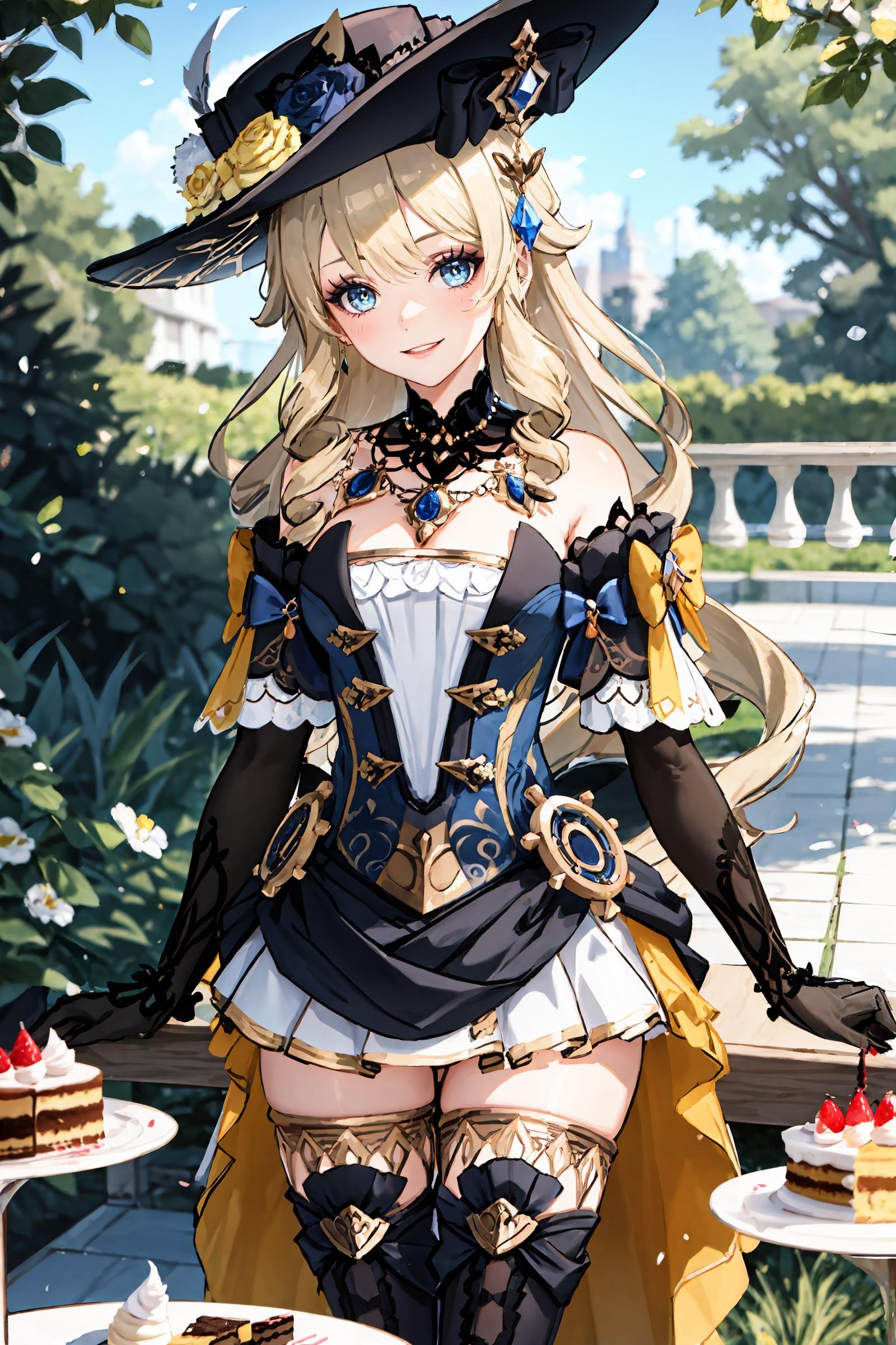 1girl, navia \(genshin impact\), solo, fancy hat, thigh boots, detached sleeves, single glove, strapless dress, detached collar, showgirl skirt, necklace, waist cape, cowboy shot, standing, hand to own mouth, looking at viewer, smiling, garden, outdoors, depth of field, table, macaron, cake, masterpiece