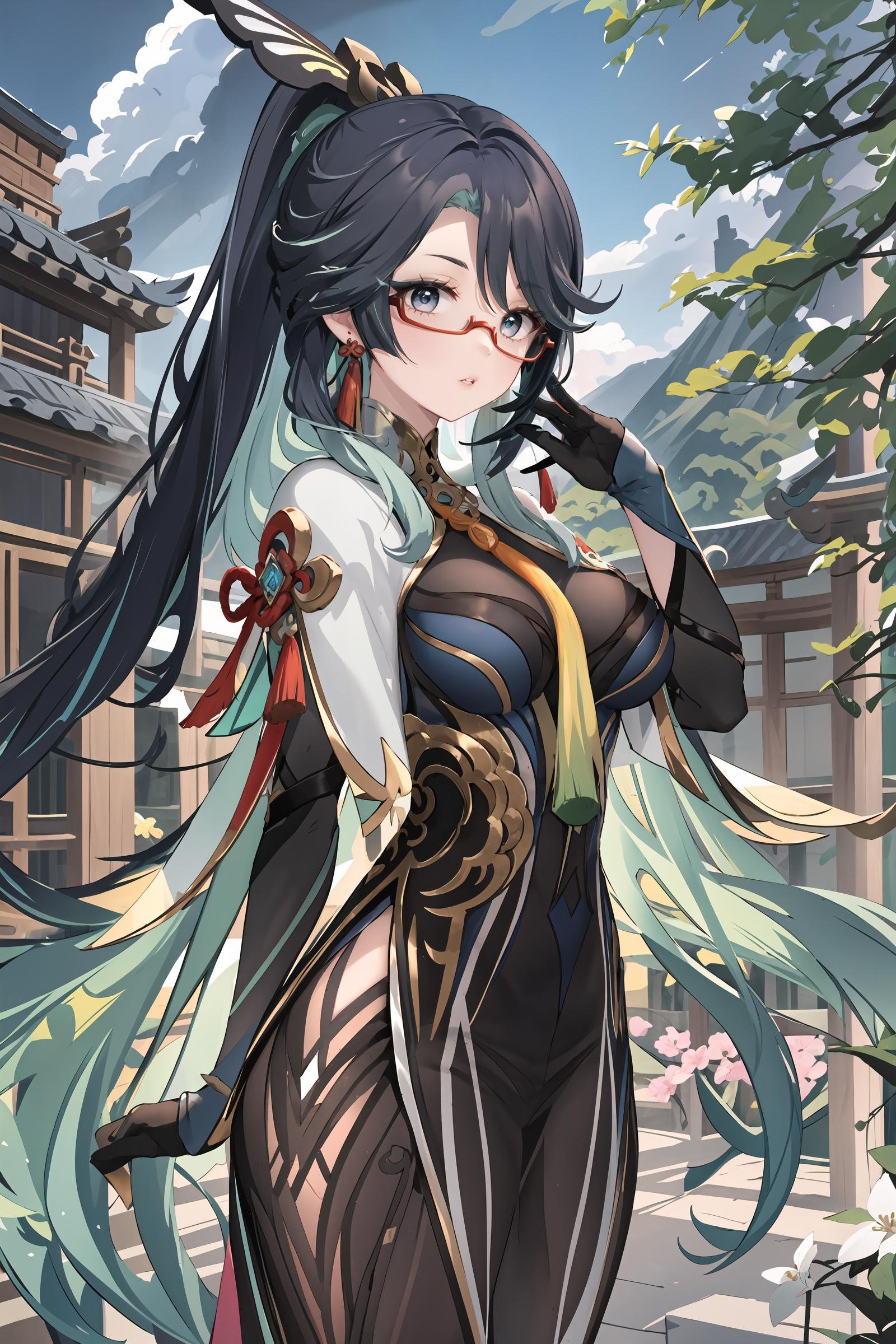 1girl, xianyun \(genshin impact\), solo, glasses, black gloves, hair ornament, earrings, china dress, detached sleeves, cloak, bodystocking, cowboy shot, standing, looking at viewer, hand on own face, parted lips, plum blossoms, east asian architecture, outdoors, depth of field, masterpiece