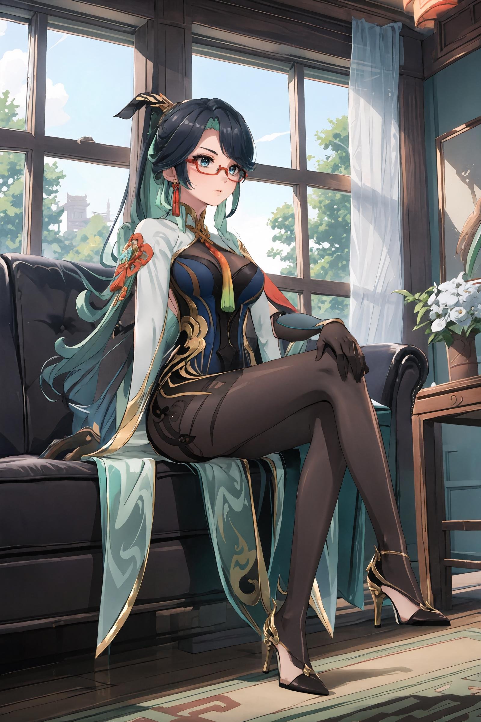 1girl, xianyun \(genshin impact\), solo, glasses, black gloves, hair ornament, earrings, china dress, detached sleeves, high heels, cloak, bodystocking, sitting, crossed legs, from below, on couch, windows, living room, <lora:face-glaring:0.8>, glaring, masterpiece