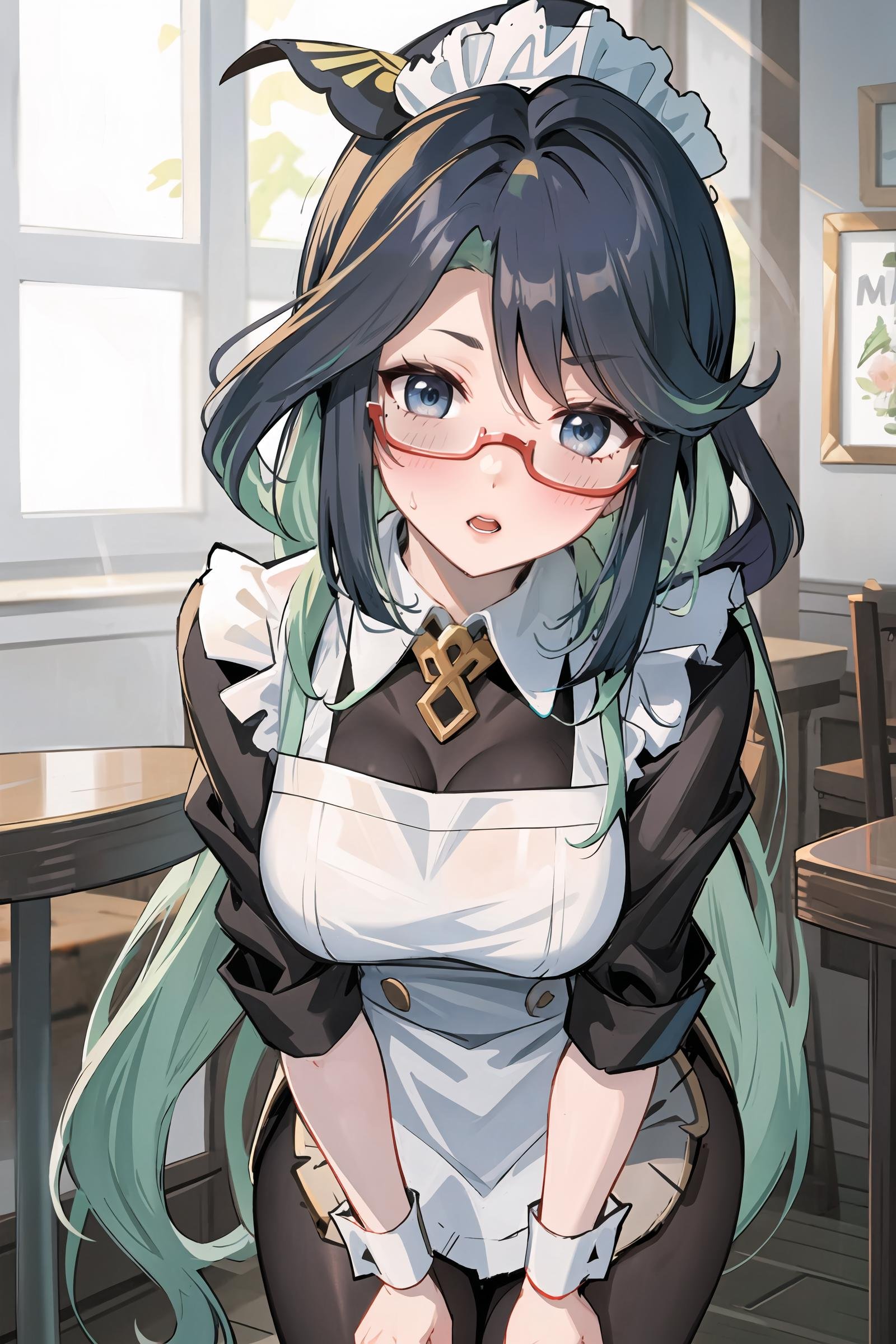 1girl, xianyun \(genshin impact\), glasses, solo, maid, maid headdress, maid apron, embarrassed, pantyhose, open mouth, blush, parted lips, looking at viewer, cowboy shot, bar \(place\), indoors, depth of field, masterpiece