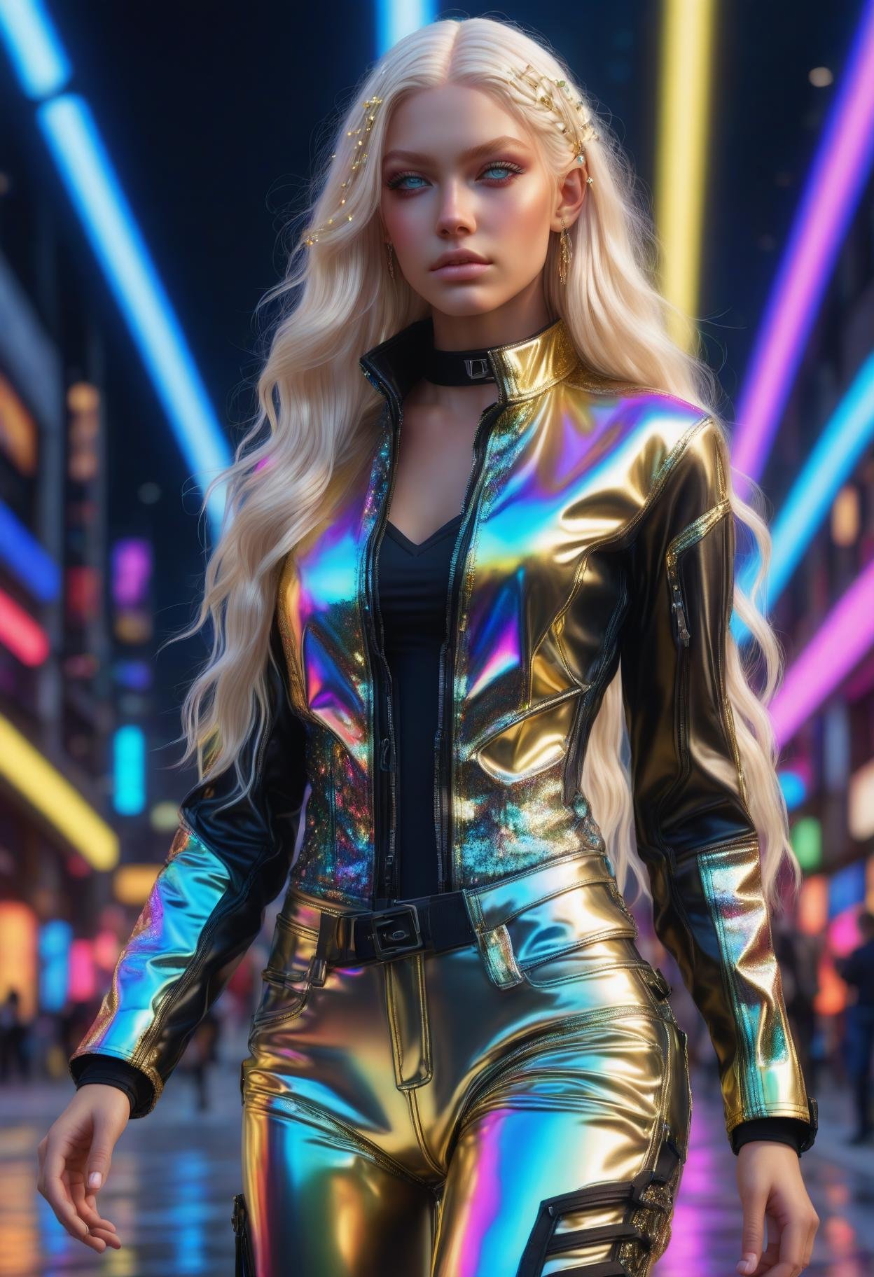 photorealistic, DonMM1y4XL gold    cybernetic mesh texture synth-leather joggers,  neon sequin corset, holo-led lace-up booties,   , rainbow valley, alpine tundra, upper body, emotion