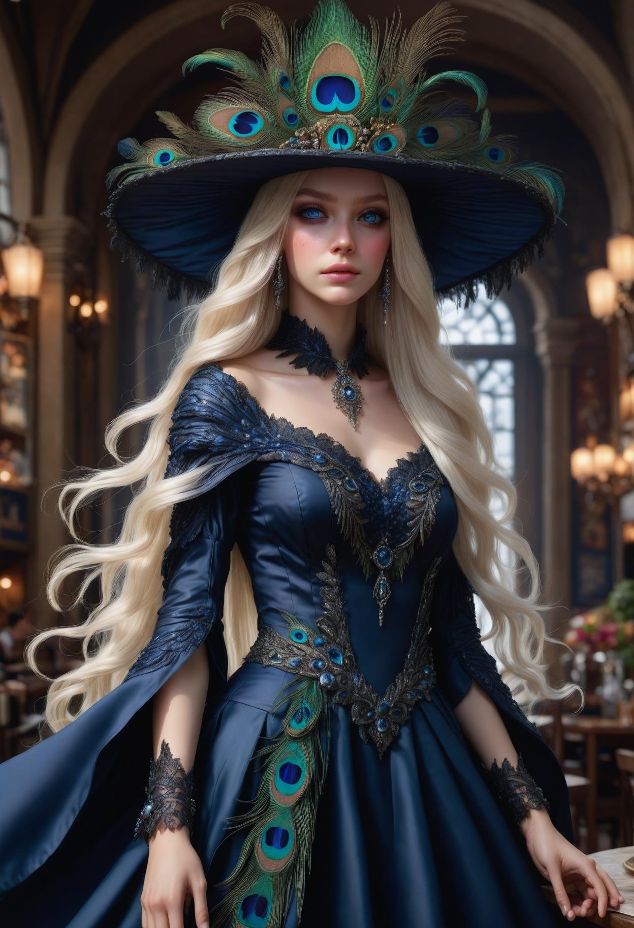 photorealistic, DonMM1y4XL   witch's gown,   peacock feather headpiece,  , ruined kingdom, restaurant, upper body, emotion