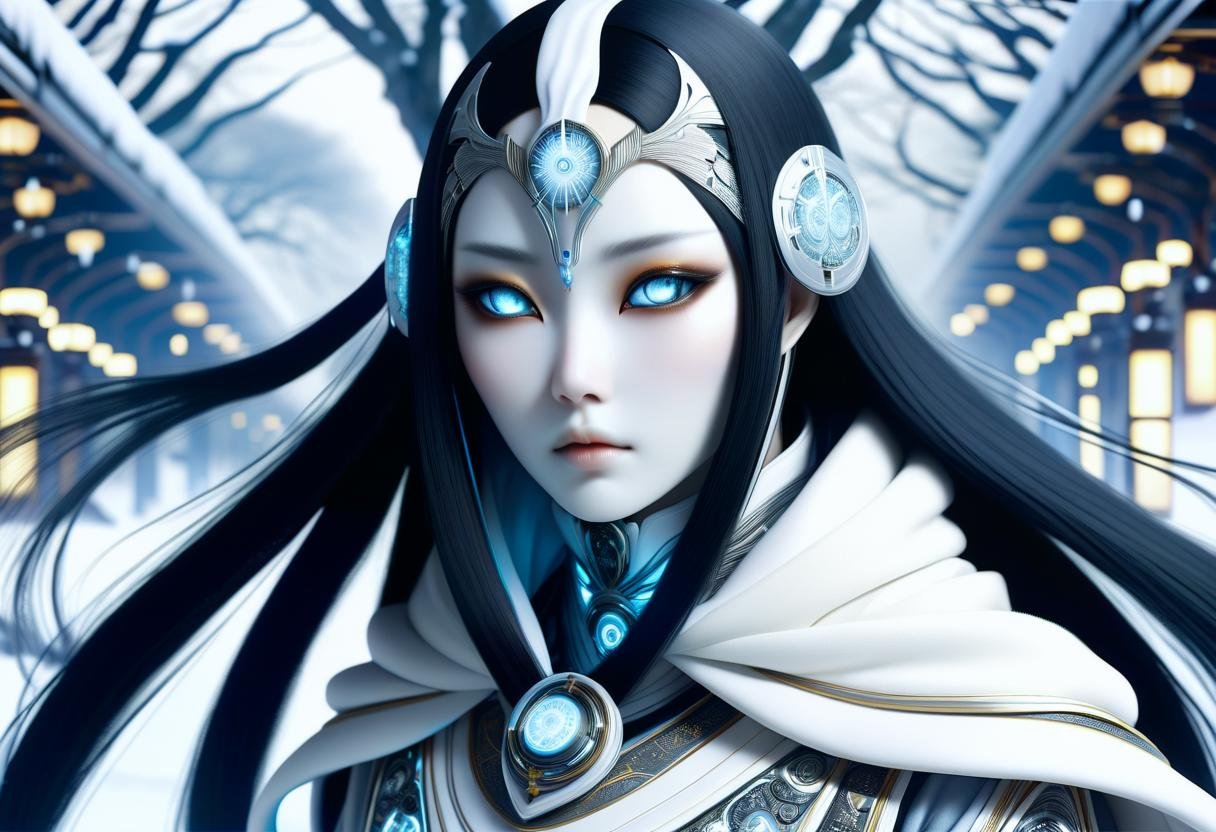 hyper detailed masterpiece, dynamic,awesome quality,DonMX3n0T3chXL, yuki-onna, japanese snow spirit, female, cold ethereal beauty, burial robe, long black hair, pale skin, glowing eyes,  winter, snow, haunting, supernatural, stygical, demonic expression  , tech, futuristic <lora:DonMX3n0T3chXL-000006:1>