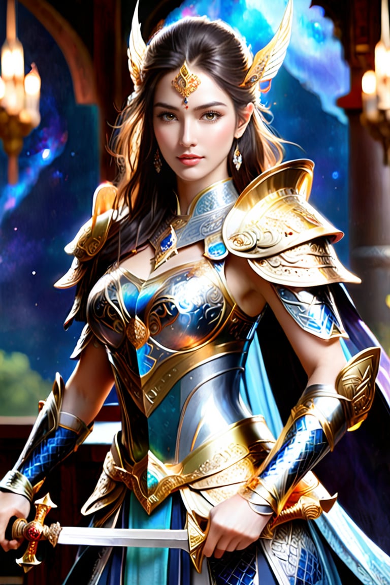 high quality, 8K Ultra HD, ultra-realistic, Behold the breathtaking beauty of the stunning beautiful female magic warrior, the embodiment of an RPG protagonist, now wielding the legendary holy sword, Excalibur, Holding the legendary sword Excalibur, Every detail of beautiful female magic warrior is meticulously crafted, capturing a sense of realism akin to a photo, dorned with celestial runes and symbols, the hilt channels the very essence of the cosmos, empowering her with unrivaled magical might, Her attire is a masterpiece of enchantment, blending midnight blues and silvery hues to create an ethereal aura, Delicate lace and shimmering gemstones adorn her attire, symbolizing the depth of her mystical prowess, A full set of armor, expertly crafted with intricate patterns and celestial motifs, both protects and enhances her magical heritage, by yukisakura, high detailed,