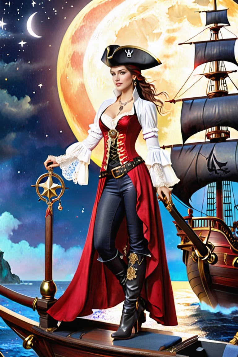 high quality, super realistic, pirate hat, a 20-year-old Pirate Maiden with a celestial beauty rivaling the stars, Picture her poised at the helm of a grand pirate ship, her silhouette defined against the shimmering night sky of a crimson moon, The vessel itself is a maritime masterpiece, adorned with intricate carvings, polished brass embellishments, and an array of mystical symbols, The Scarlet Moonlit Pirate dons a resplendent ensemble blending midnight blues with silvery hues, adorned with delicate lace and glistening gemstones, A star-like pendant gracefully hangs around her neck, emphasizing her bewitching aura, by yukisakura, high detailed,