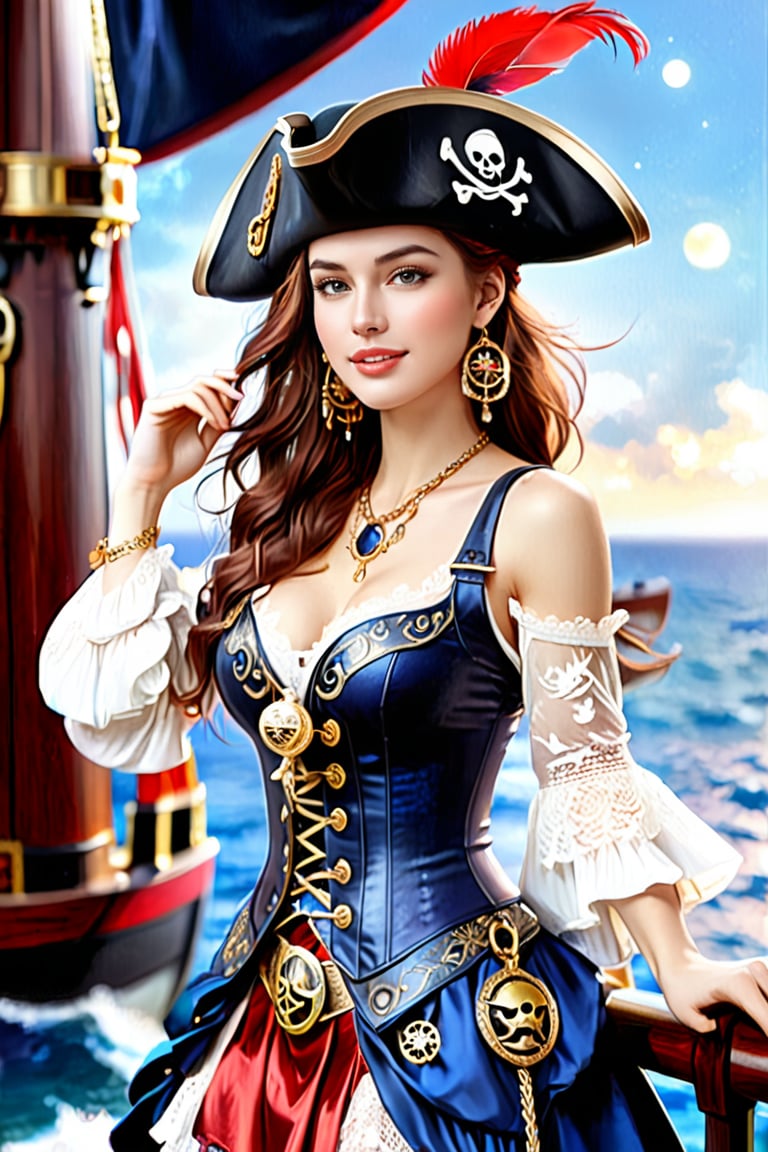 high quality, super realistic, pirate hat, a 20-year-old Pirate Maiden with a celestial beauty rivaling the stars, Picture her poised at the helm of a grand pirate ship, her silhouette defined against the shimmering night sky of a crimson moon, The vessel itself is a maritime masterpiece, adorned with intricate carvings, polished brass embellishments, and an array of mystical symbols, The Scarlet Moonlit Pirate dons a resplendent ensemble blending midnight blues with silvery hues, adorned with delicate lace and glistening gemstones, A star-like pendant gracefully hangs around her neck, emphasizing her bewitching aura, by yukisakura, high detailed,

