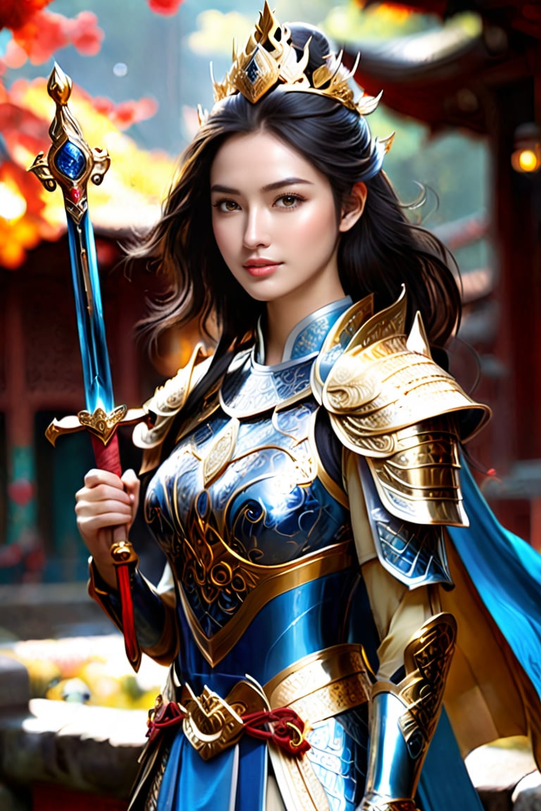 high quality, 8K Ultra HD, ultra-realistic, Behold the breathtaking beauty of the stunning beautiful female magic warrior, the embodiment of an RPG protagonist, now wielding the legendary holy sword, Excalibur, Holding the legendary sword Excalibur, Every detail of beautiful female magic warrior is meticulously crafted, capturing a sense of realism akin to a photo, dorned with celestial runes and symbols, the hilt channels the very essence of the cosmos, empowering her with unrivaled magical might, Her attire is a masterpiece of enchantment, blending midnight blues and silvery hues to create an ethereal aura, Delicate lace and shimmering gemstones adorn her attire, symbolizing the depth of her mystical prowess, A full set of armor, expertly crafted with intricate patterns and celestial motifs, both protects and enhances her magical heritage, by yukisakura, high detailed,ao dai,warrior