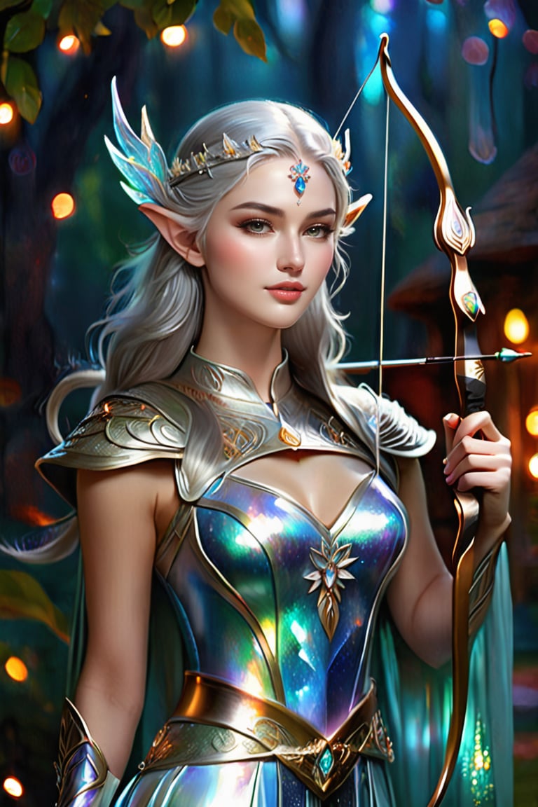  remarkable and vivid depiction evoking both awe and melancholy, this image captures the essence of a high elven archer. intricately decorated outfit, short skirt, playful body manipulations, divine proportion, non-douche smile, gaze into the camera, it showcases the lady's ethereal beauty, her luminous silver hair cascading in gentle waves, adorned with delicate pearls that shimmer like stars in the night sky. holographic shimmer, Whimsical lighting, Enchanted ambiance, Soft textures, Imaginative artwork, Ethereal glow, Silent Luminescence, Whispering Silent, Iridescent Encounter, vibrant background, by Skyrn99, full body, (((rule of thirds))), high quality, high detail, high resolution, (bokeh), backlight, long exposure:2