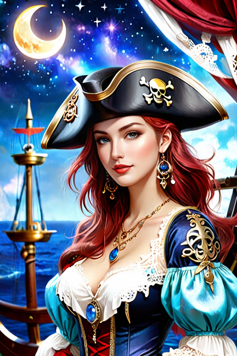 high quality, super realistic, pirate hat, a 20-year-old Pirate Maiden with a celestial beauty rivaling the stars, Picture her poised at the helm of a grand pirate ship, her silhouette defined against the shimmering night sky of a crimson moon, The vessel itself is a maritime masterpiece, adorned with intricate carvings, polished brass embellishments, and an array of mystical symbols, The Scarlet Moonlit Pirate dons a resplendent ensemble blending midnight blues with silvery hues, adorned with delicate lace and glistening gemstones, A star-like pendant gracefully hangs around her neck, emphasizing her bewitching aura, by yukisakura, high detailed,

