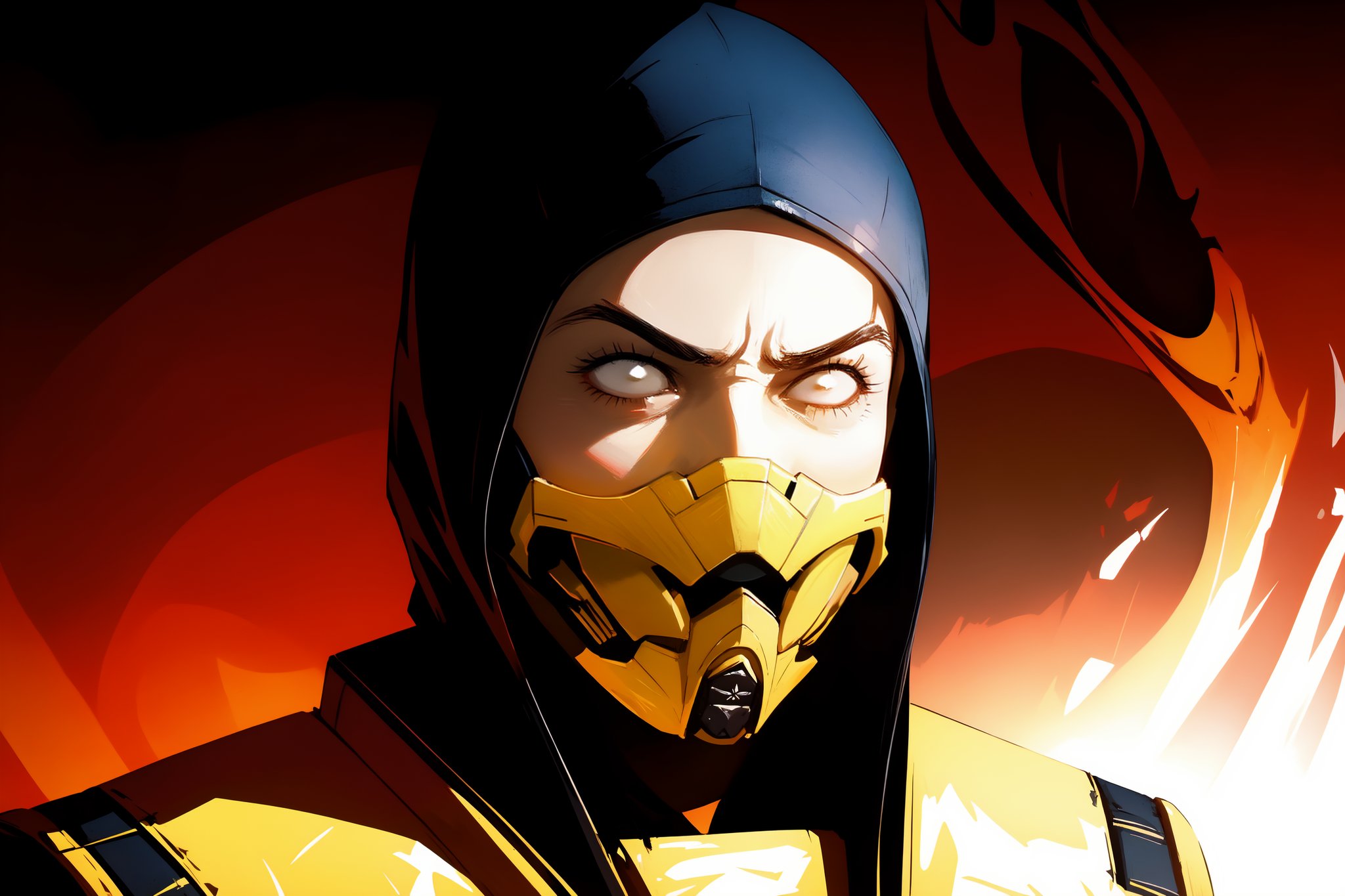 1boy, male focus, Scorpion (mortal kombat), mask, mouth_mask, ninja, ninja_mask, Scorpion from Mortal Kombat, wearing a scorpion mask and a mouth mask. He is depicted as a ninja, wearing a ninja mask. The artwork is in the style of abstract art. The image quality is of the highest standard, with ultra-detailed and photorealistic elements. The color palette is vibrant and vivid. The lighting is intense and dramatic.