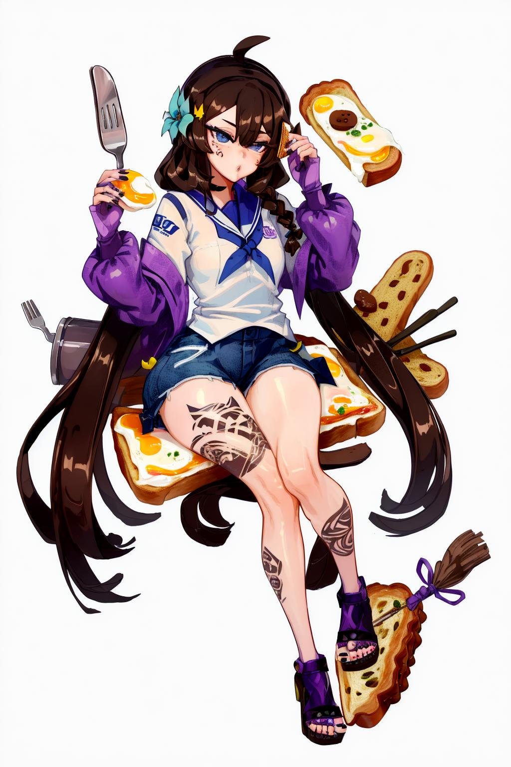 1girl, 1girl, blue eyes, brown hair, flower tattoo, hair between eyes, leg tattoo, long hair, purple nails, tattoo, very long hair, broom, cookie, food, fork, fried egg, fried egg on toast, full body, toast, by 3000krw, 3000krw, <lora:sp3000krwStyleNAI_127560:1.2>