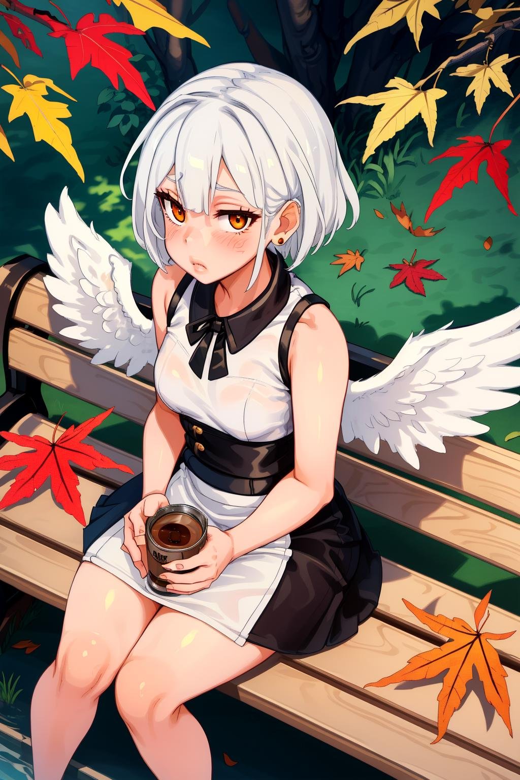 1girl, 1girl, angel, breasts, short hair, small breasts, white hair, wings, autumn leaves, bench, blurry, can, canned coffee, depth of field, from above, leaf, maple leaf, watermark, by 3000krw, 3000krw, <lora:sp3000krwStyleNAI_127560:1>