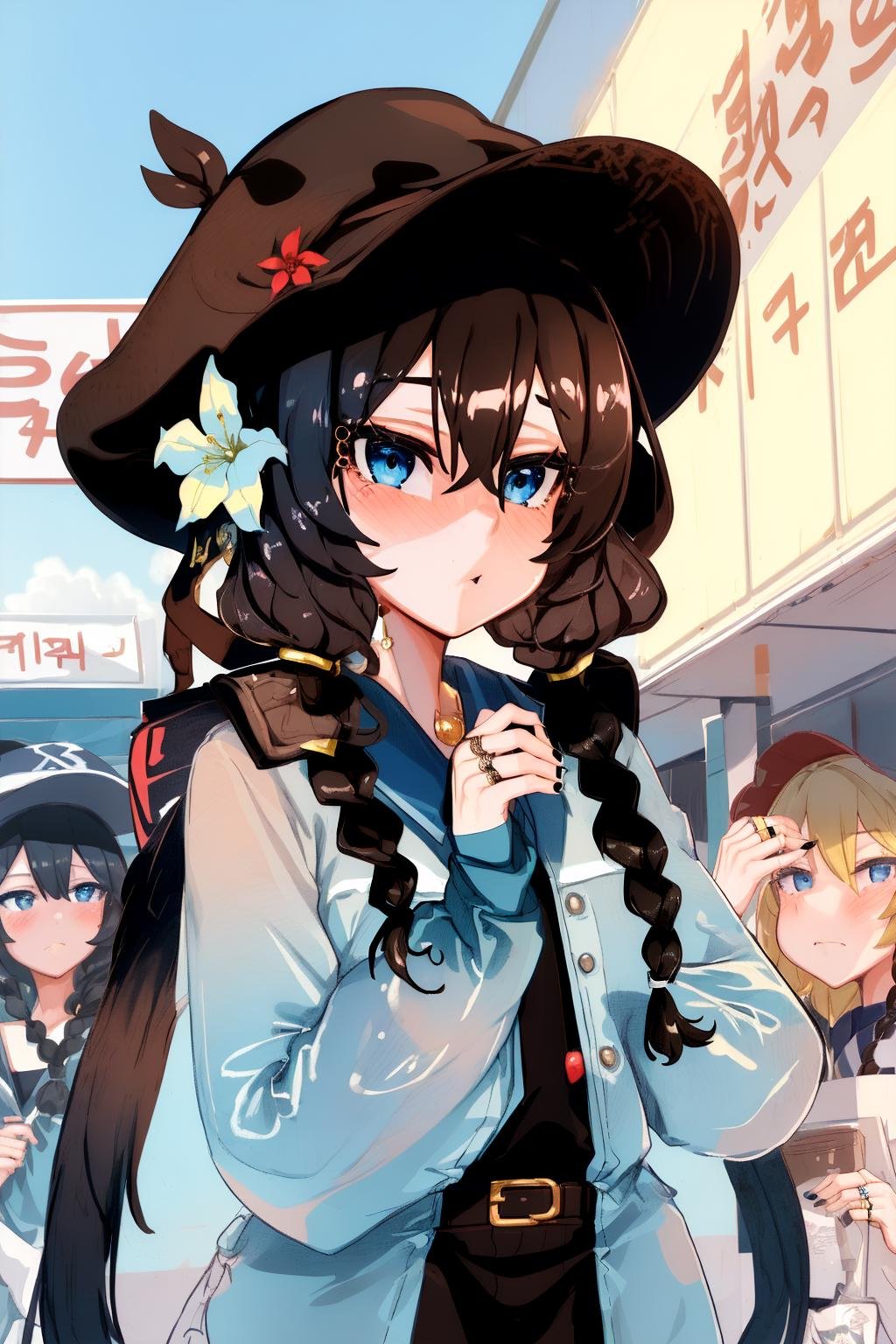 1girl, 1girl, black hair, blue eyes, braid, brown headwear, hair between eyes, hair flower, long hair, ring, single braid, blurry, blurry background, blurry foreground, outdoors, by 3000krw, 3000krw, <lora:sp3000krwStyleNAI_127560:1.2>