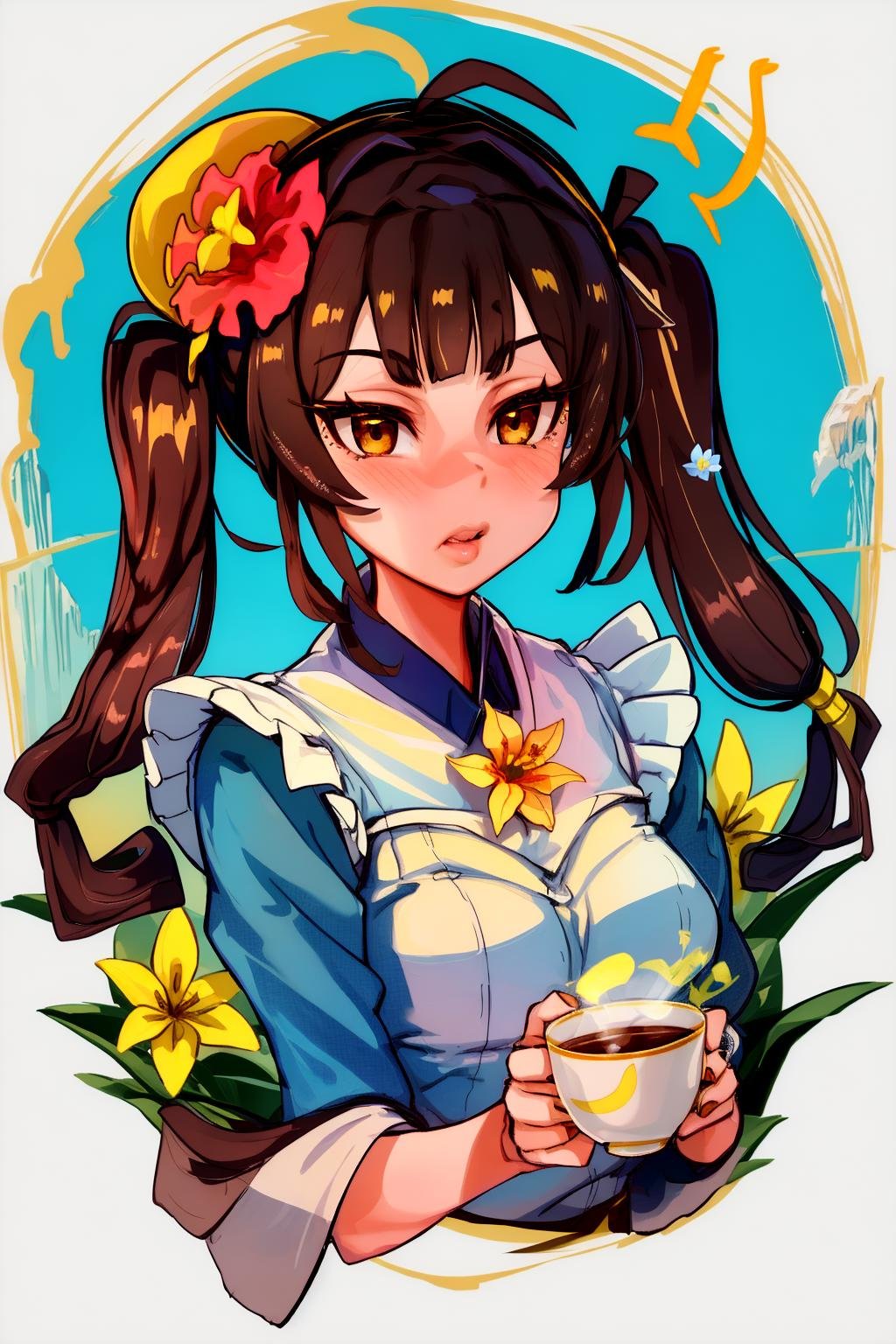 masterpiece, best quality, 1girl, 1girl, blunt bangs, brown eyes, brown hair, hair behind ear, hair flower, long hair, low twintails, twintails, bird, blue flower, cup, floating hair, flower, pink flower, red flower, signature, teacup, upper body, yellow flower, by 3000krw, 3000krw, <lora:sp3000krwStyleNAI_127560:1.2>