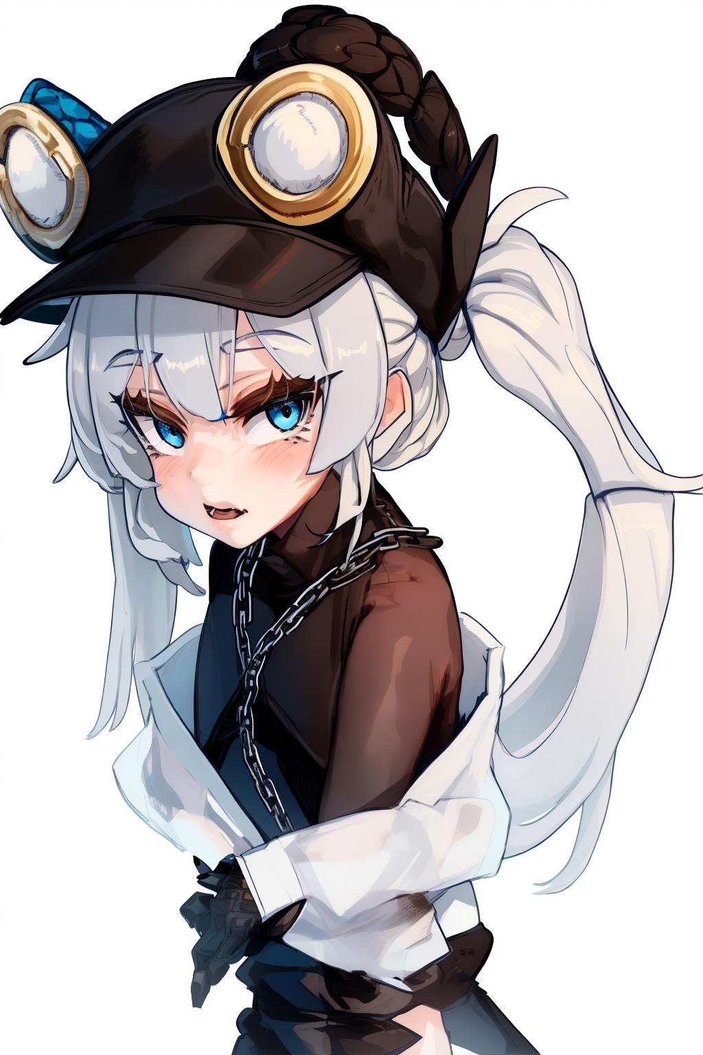 1girl, 1girl, black nails, blue eyes, brown headwear, long hair, twintails, white hair, chain, planted, simple background, white background, by 3000krw, 3000krw, <lora:sp3000krwStyleNAI_127560:1.2>