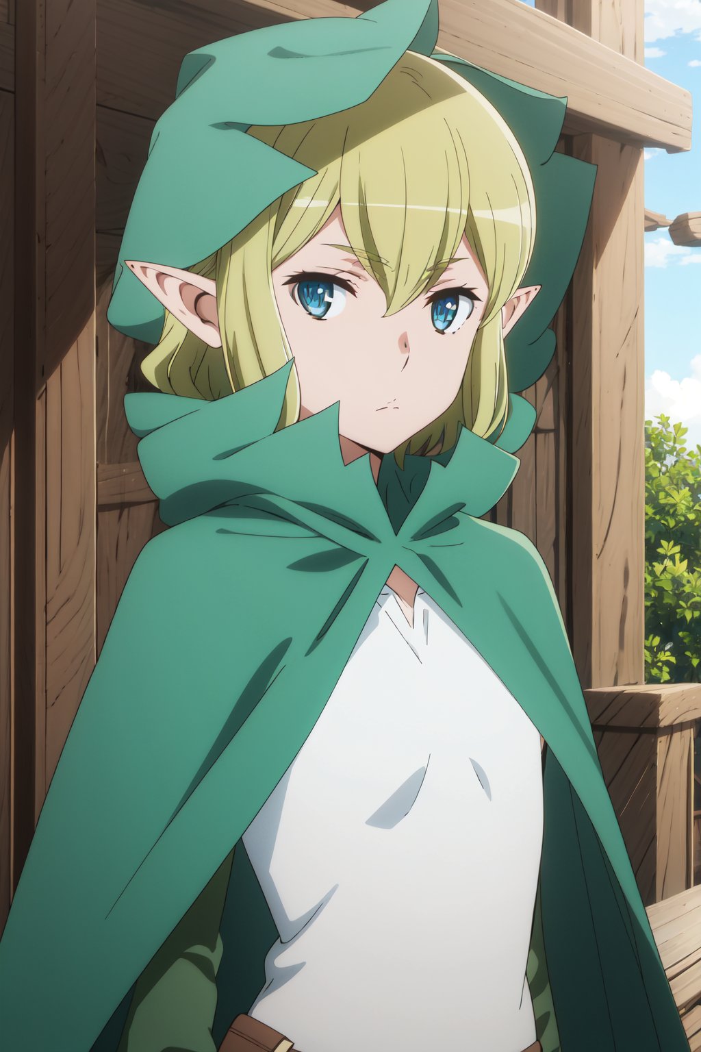 <lora:eft_ryu-02:1> EFT_Ryu, 1girl, blonde hair, solo, blue eyes, pointy ears, cloak, elf, hair between eyes, closed mouth, upper body, anime coloring, bangs, parody, green cape, looking at viewer, hood <lora:anime_screencap_v2:0.3>