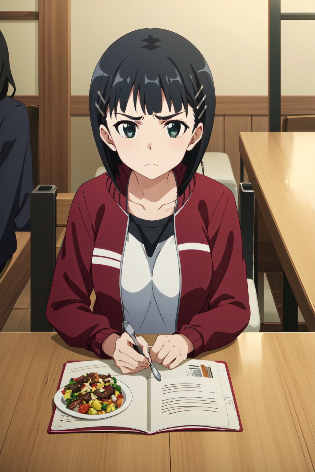 <lora:anime_screencap_v2:0.3> , <lora:eft_sao_sis_1-02:0.8>EFT_Sao_Sis, 1girl, kirigaya suguha, black hair, solo, short hair, track jacket, hairclip, hair ornament, jacket, green eyes, food, looking at viewer, black eyes, frown, breasts, sitting, collarbone, upper body, indoors