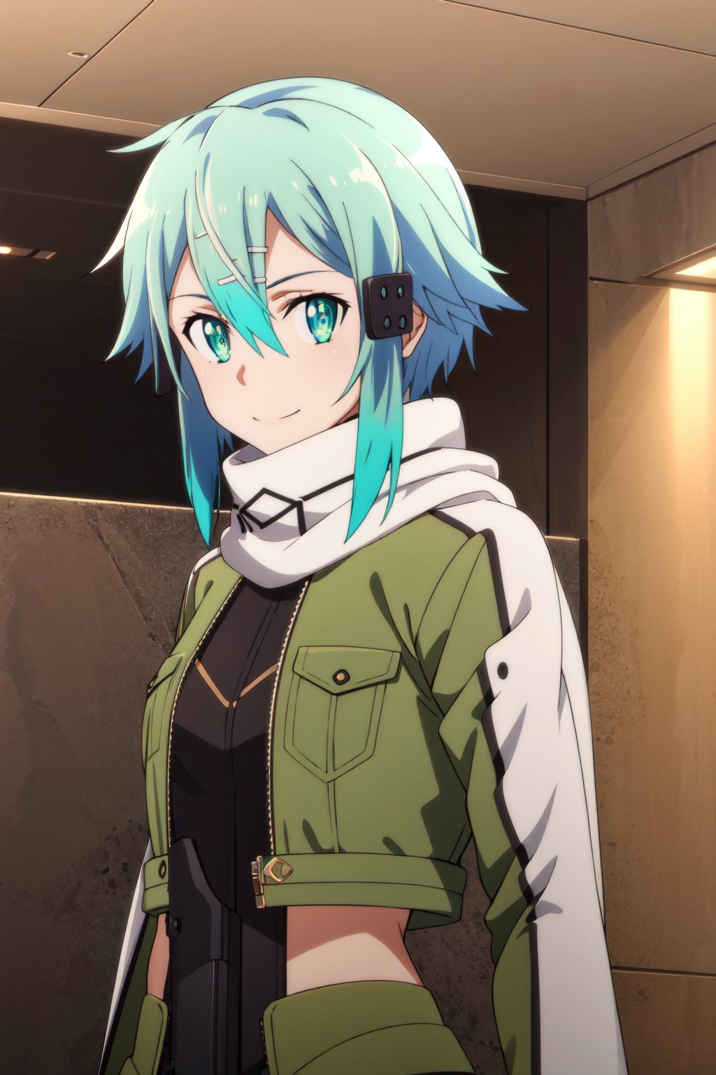 <lora:anime_screencap_v2:0.3> <lora:eft_sao_shion-02:0.8> EFT_Shino, 1girl, sinon, solo, smile, scarf, gun, weapon, hair ornament, hairclip, looking at viewer, short hair, rifle, white scarf, hair between eyes, aqua hair, aqua eyes, jacket, upper body, closed mouth, bangs, sniper rifle, green eyes, blue hair, sidelocks, shiny hair