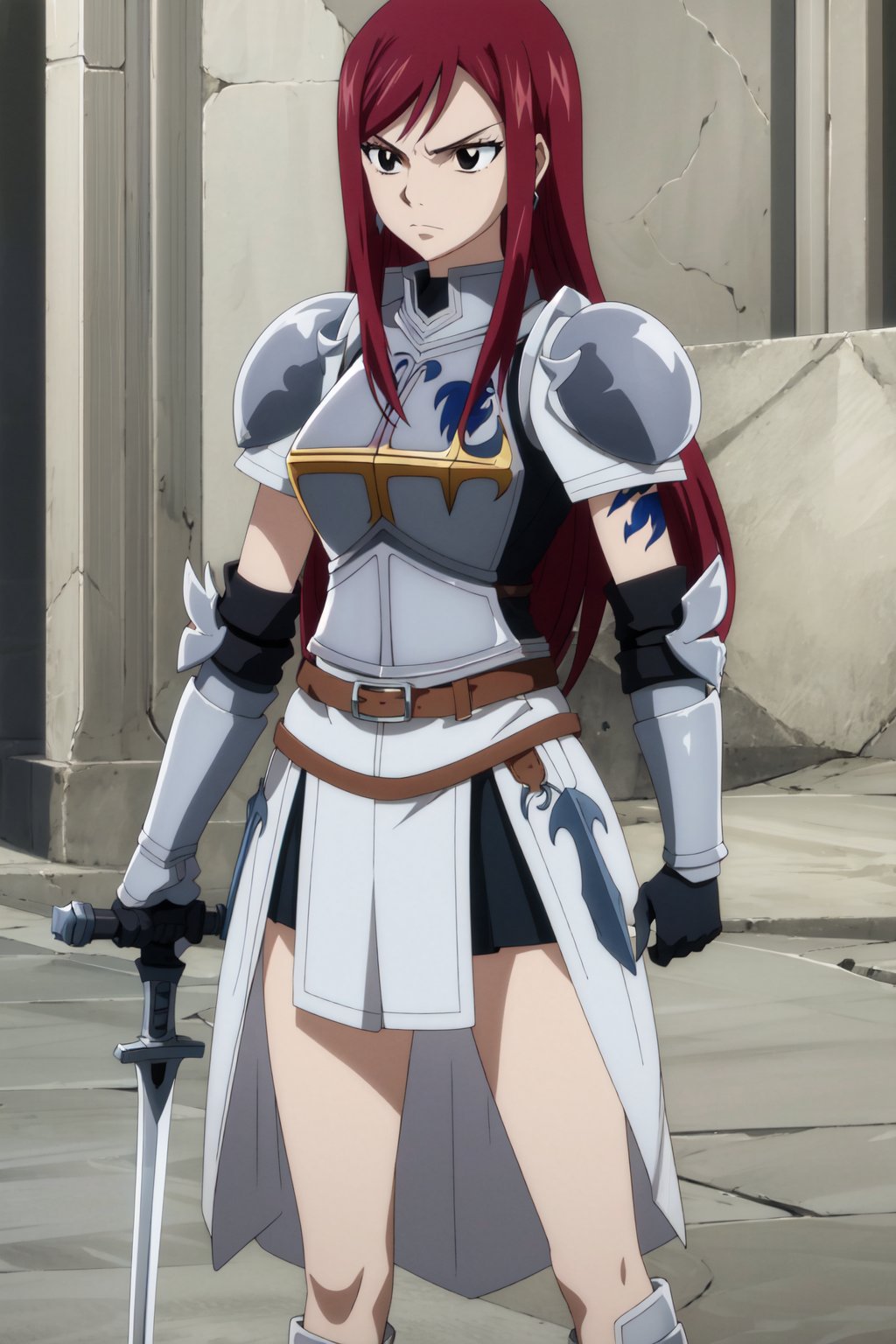 <lora:anime_screencap_v2:0.3> tall body, tall, long legs, mature female, mature, adult <lora:Prodigy_Erza_Fairytail:1> , Fairytail_Erza, 1girl, long hair, solo, armor, red hair, weapon, jewelry, sword, gauntlets, earrings, serious, holding, breastplate, tattoo, gloves, holding weapon, closed mouth, frown, black eyes, belt, standing, cowboy shot, breasts, shoulder armor, pauldrons