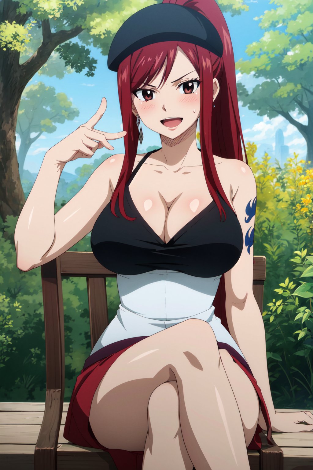 <lora:anime_screencap_v2:0.3> tall body, tall, long legs, mature female, mature, adult <lora:Prodigy_Erza_Fairytail:0.8> Fairytail_Erza, 1girl, solo, red hair, crossed legs, hat, sitting, blush, tree, smile, large breasts, breasts, looking at viewer, long hair, outdoors, legs, open mouth, ponytail1girl, sarashi, solo, jewelry, breasts, earrings, tattoo, red hair, long hair, large breasts, upper body, cleavage, open mouth, looking at viewer, collarbone, bare shoulders, brown eyes, chest sarashi, arm tattoo, black eyes, bangs