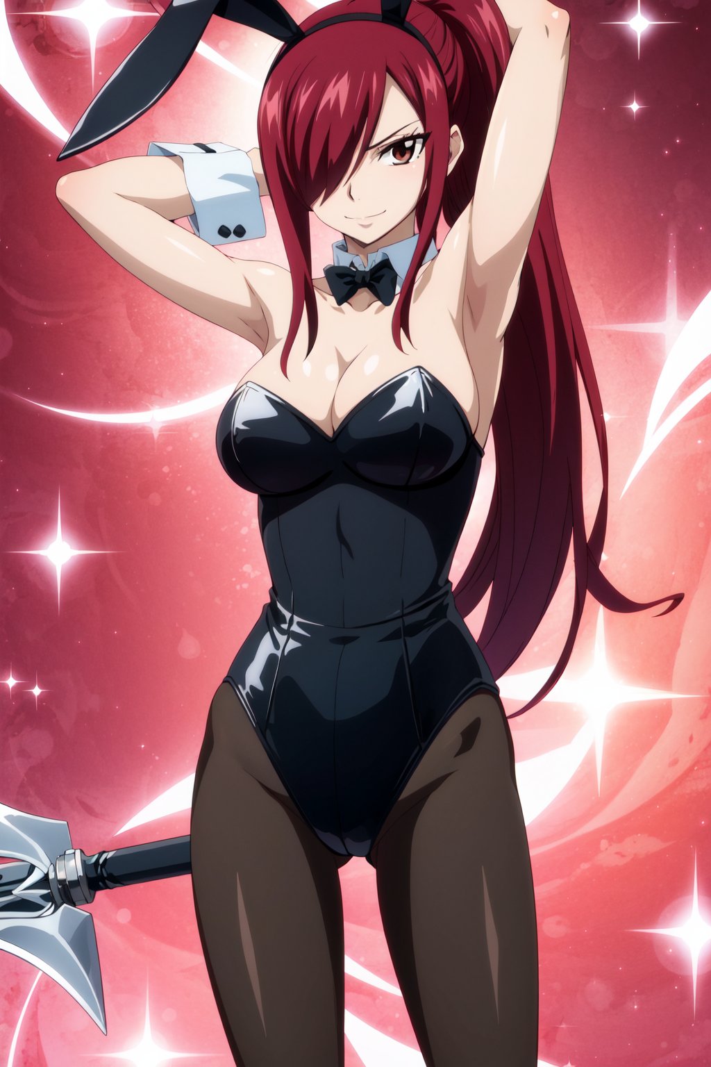 <lora:anime_screencap_v2:0.3> tall body, tall, long legs, mature female, mature, adult <lora:Prodigy_Erza_Fairytail:0.8> Fairytail_Erza, 1girl, solo, long hair, pantyhose, breasts, hair over one eye, leotard, red hair, cleavage, playboy bunny, animal ears, looking at viewer, rabbit ears, holding, brown eyes, strapless, smile, standing, collarbone, ribbon, very long hair, large breasts, neck ribbon, ponytail, detached collar, fake animal ears, arm up, armpits, shiny, cowboy shot, choker, medium breasts, closed mouth, high ponytail, sparkle, holding weapon