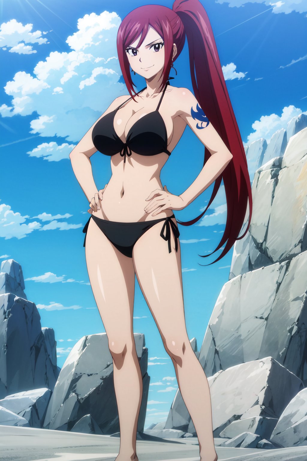 <lora:anime_screencap_v2:0.3> tall body, tall, long legs, mature female, mature, adult <lora:Prodigy_Erza_Fairytail:0.8> , Fairytail_Erza, 1girl, swimsuit, solo, bikini, breasts, long hair, tattoo, jewelry, earrings, large breasts, black bikini, cleavage, day, red hair, smile, navel, side-tie bikini bottom, hand on hip, looking at viewer, ponytail, outdoors, cloud, sky, black eyes, water, brown eyes, collarbone, blue sky, high ponytail, sideboob