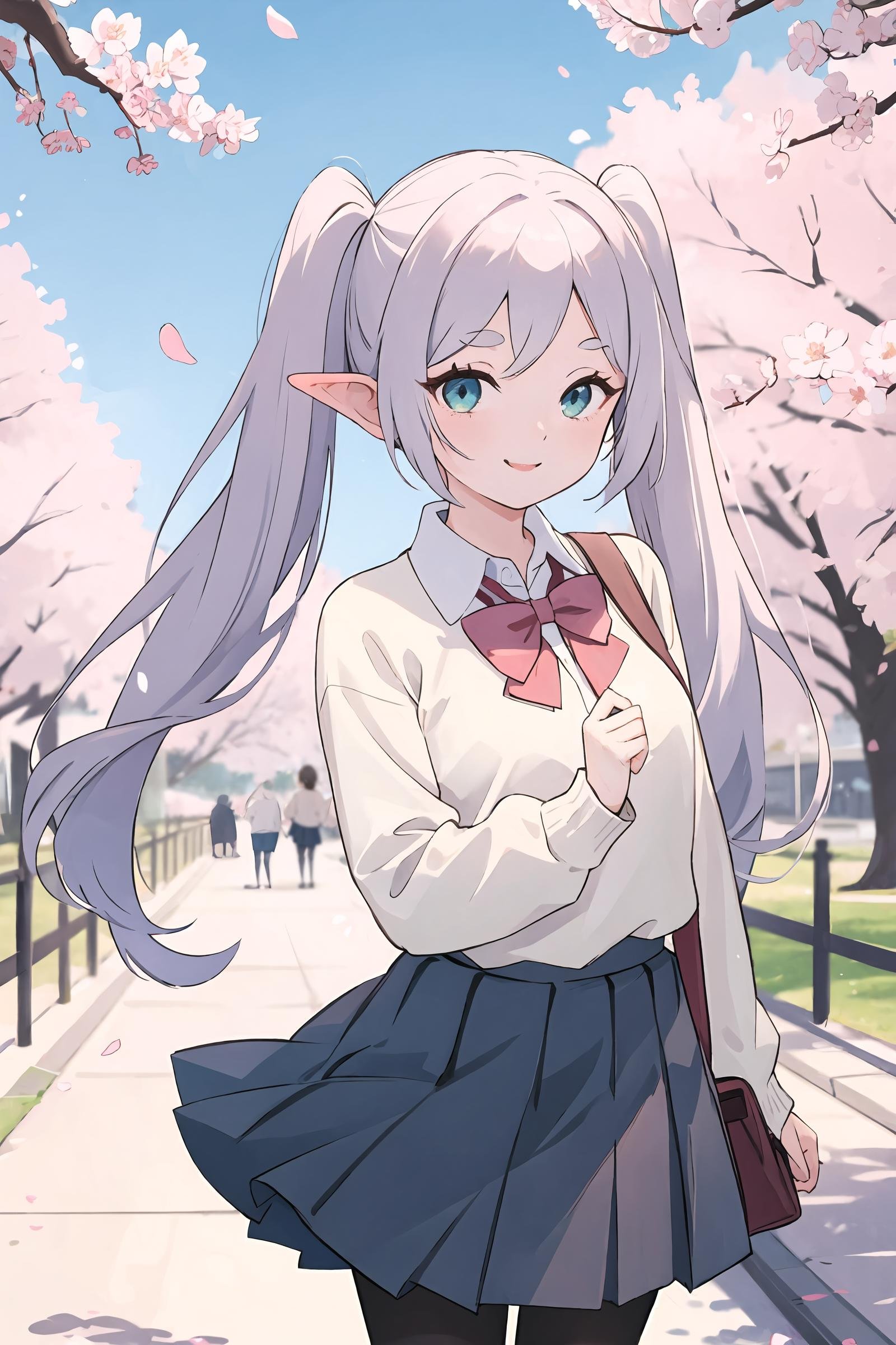 1girl, frieren, twintails, solo, school uniform, white collared shirt, sweater, pleated skirt, pantyhose, light smile, looking at viewer, outdoors, street, cherry blossoms, petals, depth of field, masterpiece