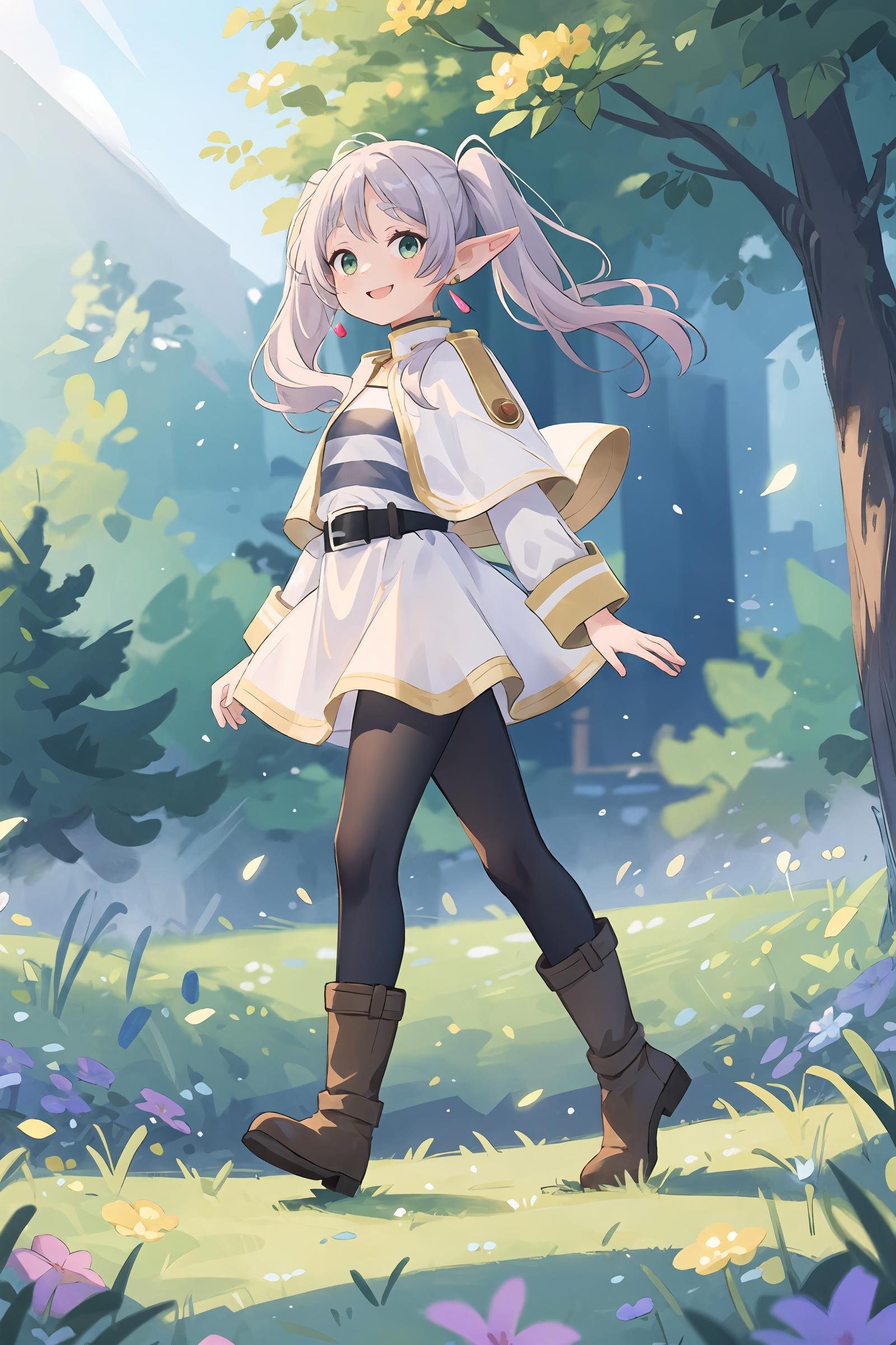 1girl, frieren, solo, twintails, earrings, black pantyhose, black belt, capelet, white skirt set, striped shirt, white jacket, brown boots, full body, walking, looking at viewer, light smile, flower field, scenery, outdoors, depth of field, masterpiece