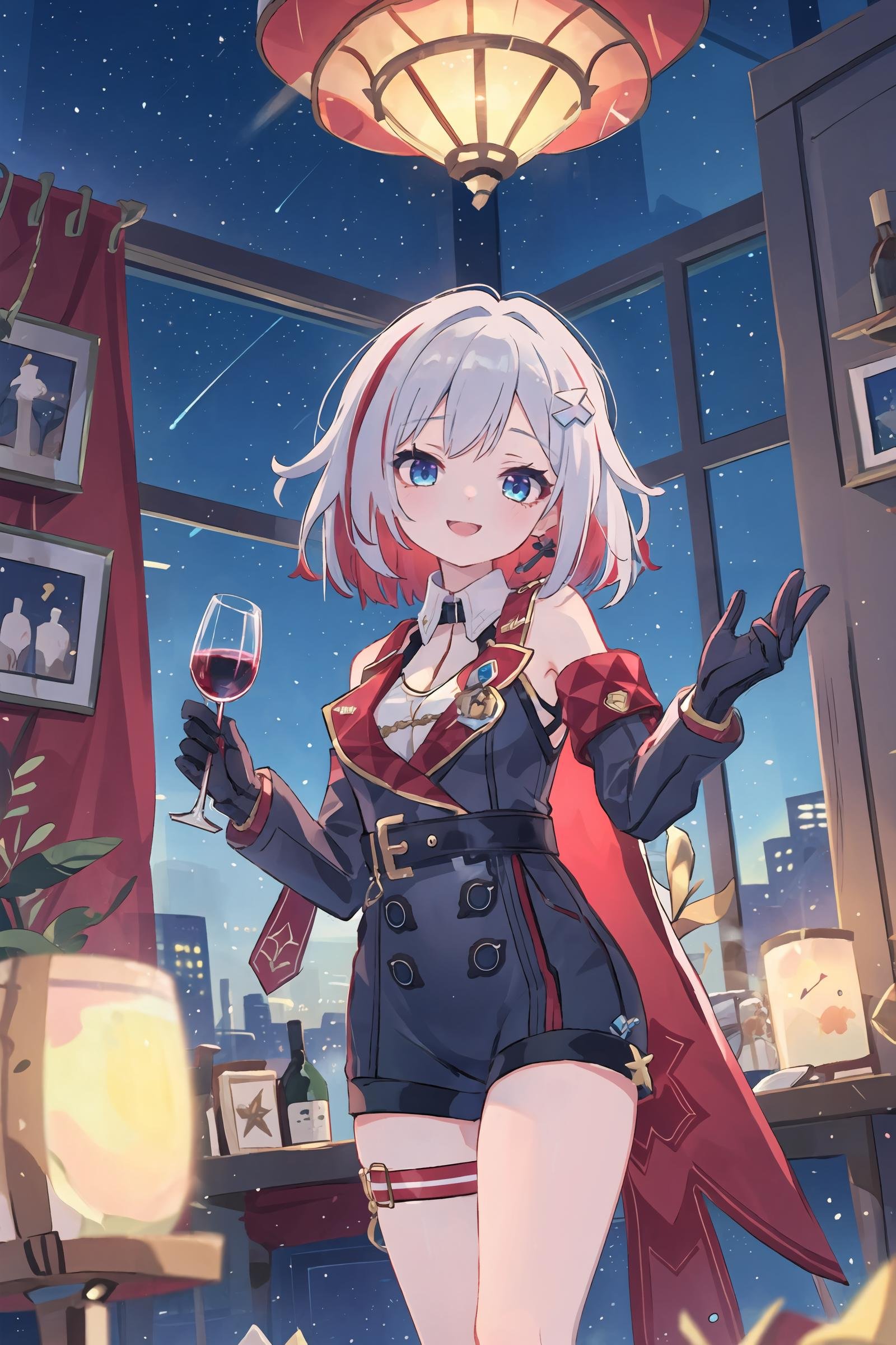 1girl, topaz \(honkai: star rail\), solo, black gloves, thigh strap, hair ornament, unitard, detached sleeves, badge, side cape, belt, light smile, looking at viewer, cowboy shot, floor-to-ceiling window, cityscape, starry sky, holding wine glass,  <lora:face-sensualface_type2:0.7>, ecstasy, gasping, masterpiece