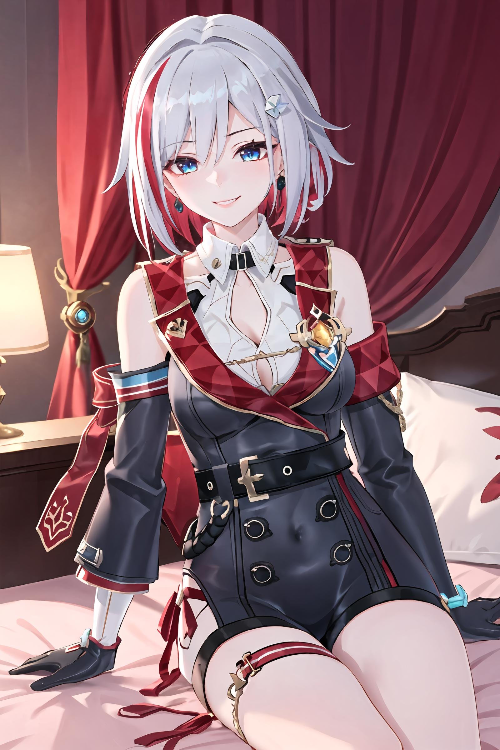 1girl, topaz \(honkai: star rail\), solo, black gloves, thigh strap, hair ornament, unitard, detached sleeves, badge, side cape, belt, cowboy shot, bedroom, depth of field, sitting on side of the bed, reclining, arm support,  <lora:face-sensualface_type2:0.7>, gasping, ecstasy, seductive smile, masterpiece