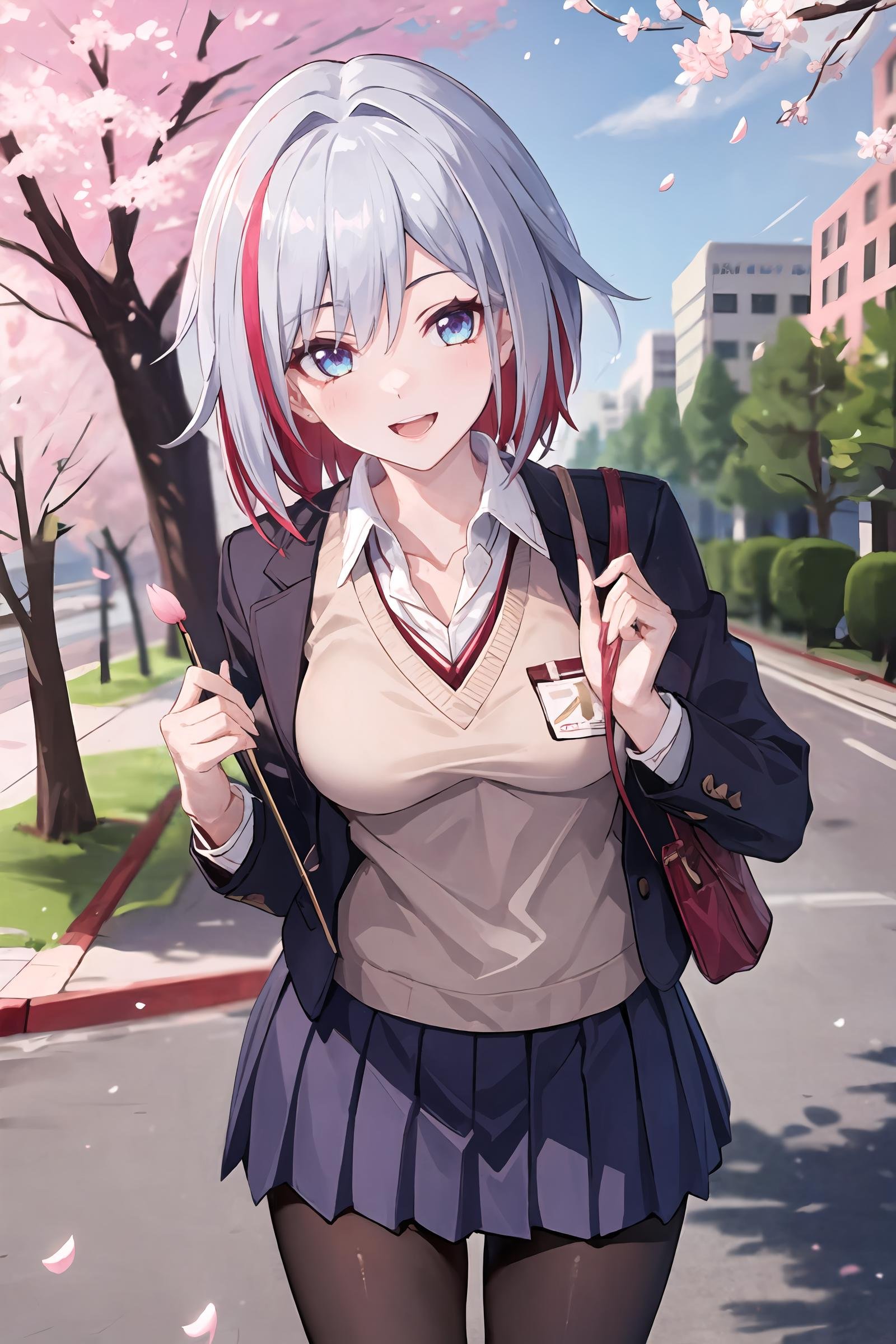 1girl, topaz \(honkai: star rail\), solo, school uniform, white shirt, sweater, pleated skirt, pantyhose, light smile, double v, looking at viewer, smile, open mouth, outdoors, street, cherry blossoms, petals, depth of field, masterpiece