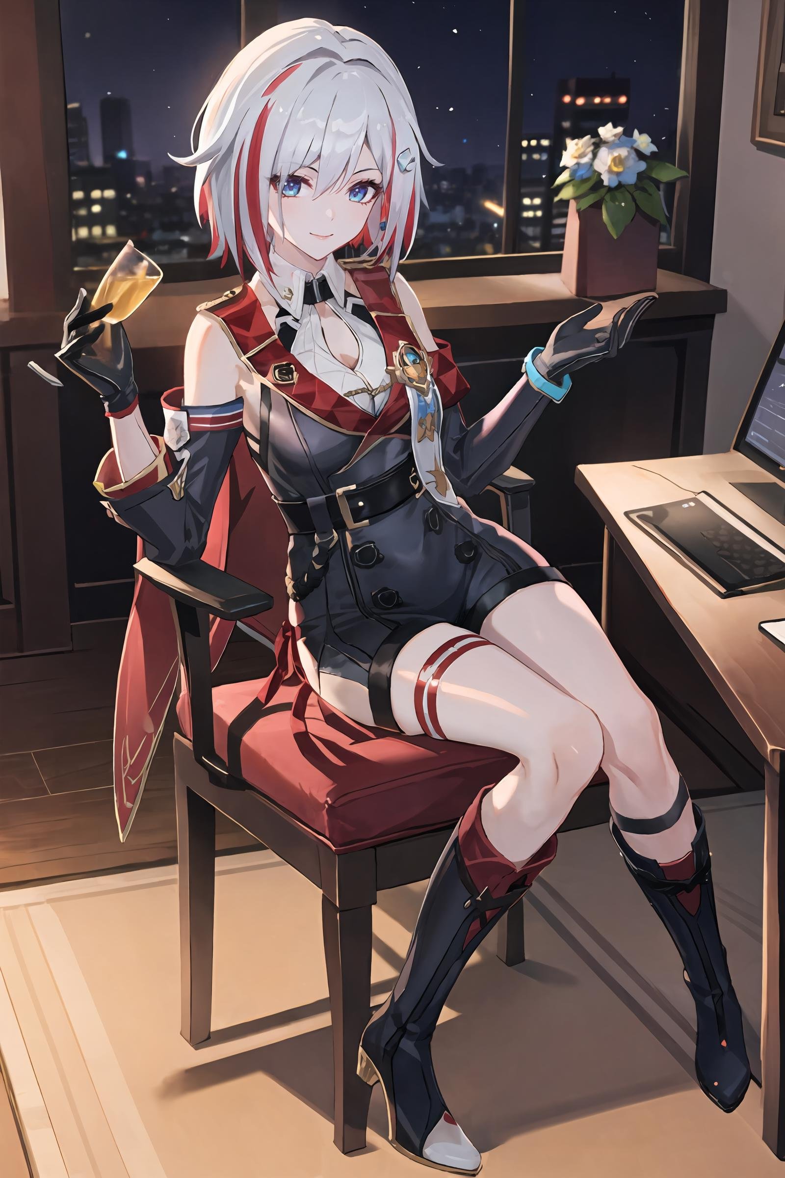 1girl, topaz \(honkai: star rail\), solo, black gloves, thigh strap, knee boots, hair ornament, unitard, detached sleeves, badge, side cape, belt, light smile, office, indoors, depth of field, full body, sitting, chair, flower, holding cup, masterpiece